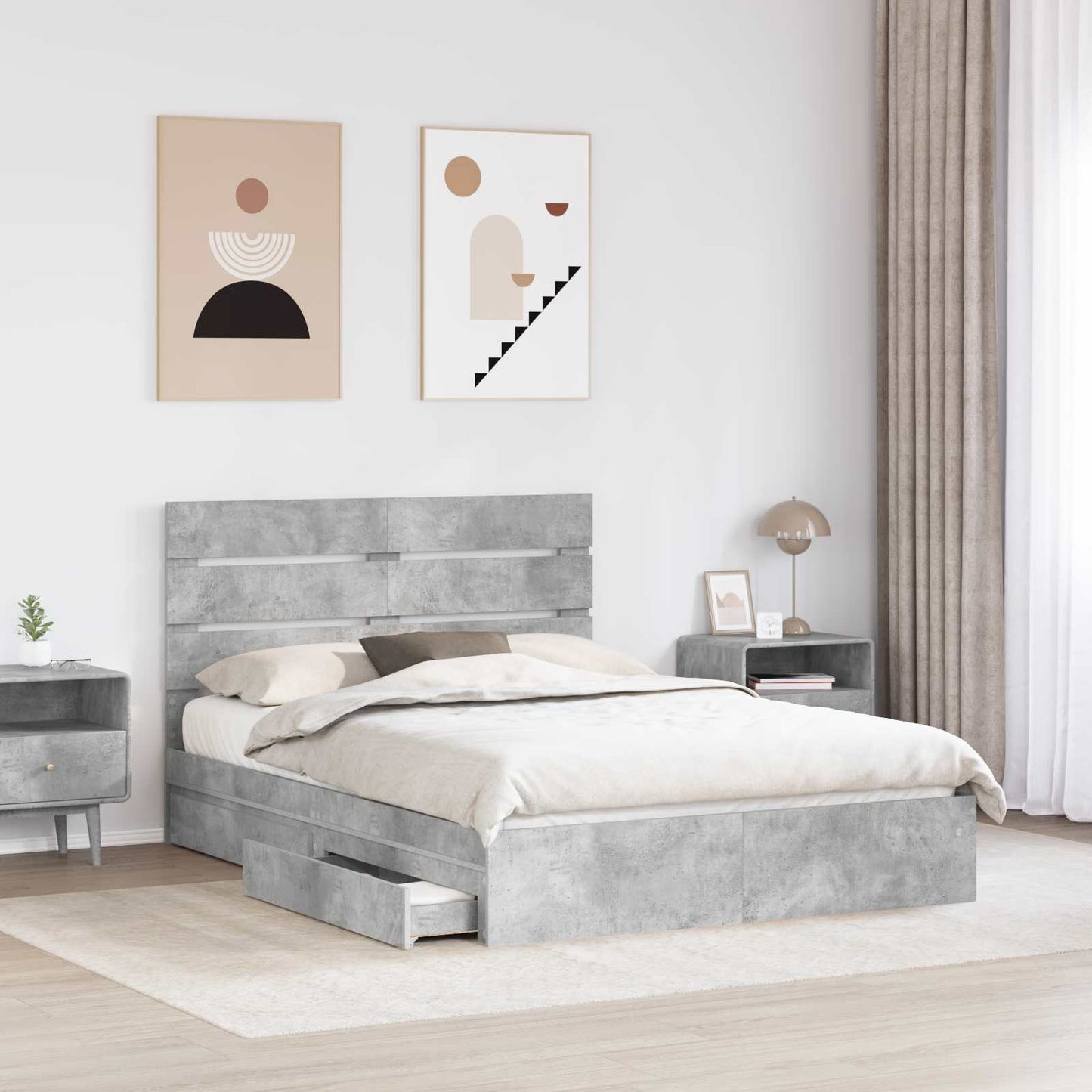 Opslag bed met hoofdeinde Beton Grijs 150 x 200 cm Bewerkt hout is nu te koop bij PeponiXL, paradijselijk wonen!