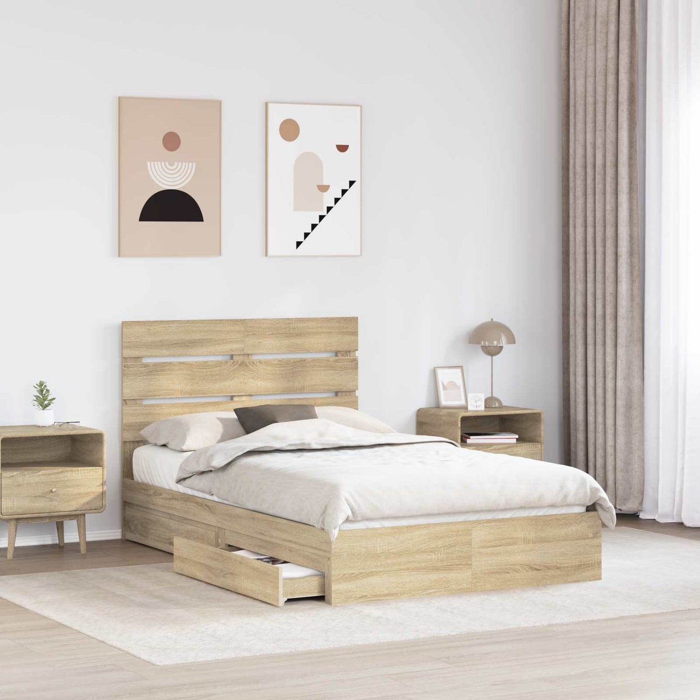 Opslag bed met lade Sonoma Eiken 135 x 190 cm Bewerkt hout is nu te koop bij PeponiXL, paradijselijk wonen!