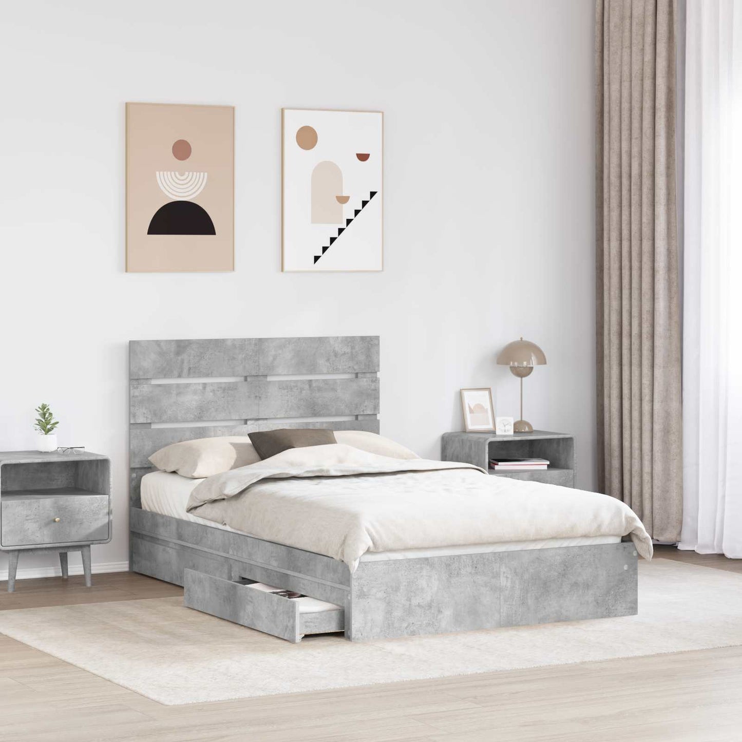 Opslag bed met hoofdeinde Beton Grijs 135 x 190 cm Bewerkt hout is nu te koop bij PeponiXL, paradijselijk wonen!
