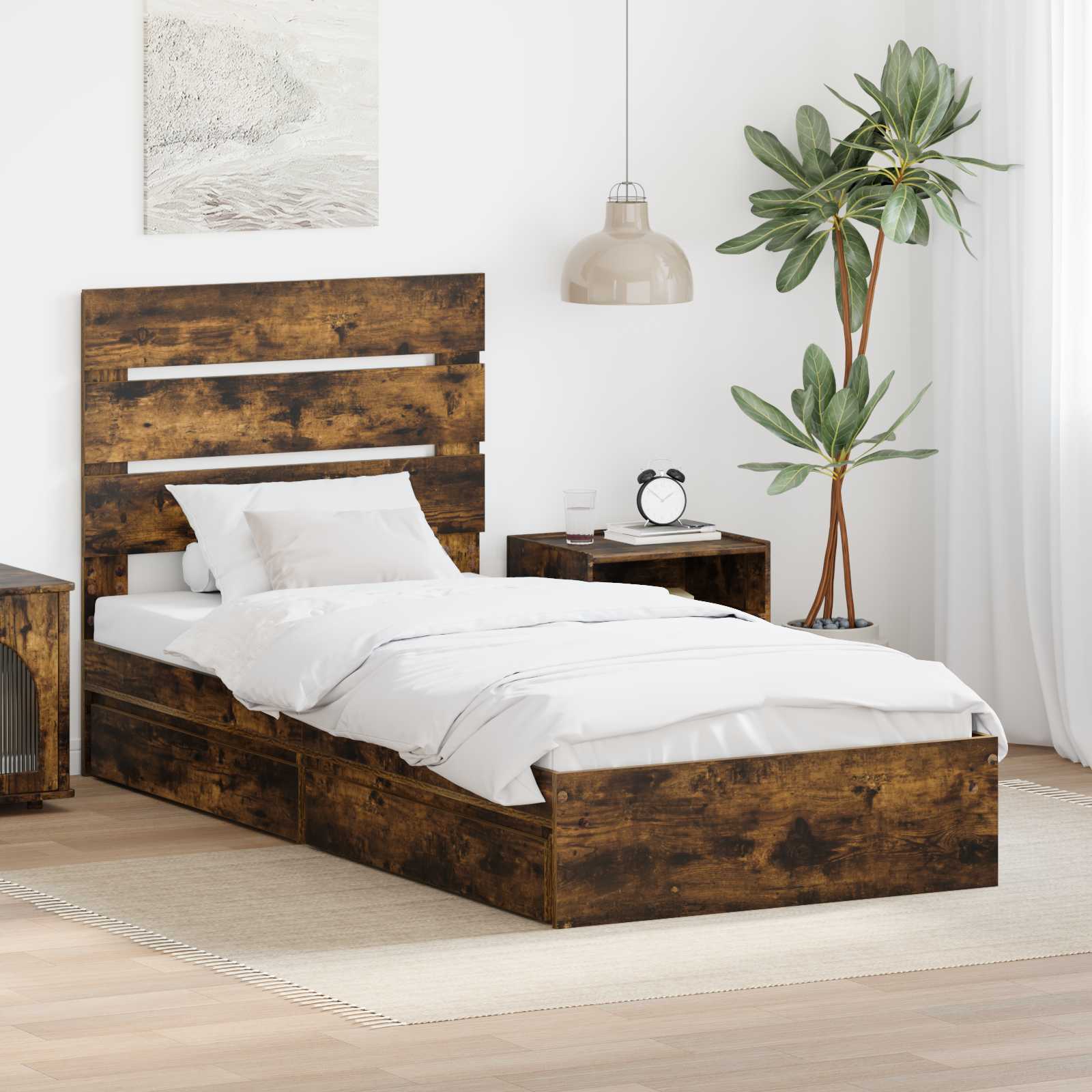 Opslag bed met lade Gerookt eiken 100 x 200 cm Bewerkt hout is nu te koop bij PeponiXL, paradijselijk wonen!