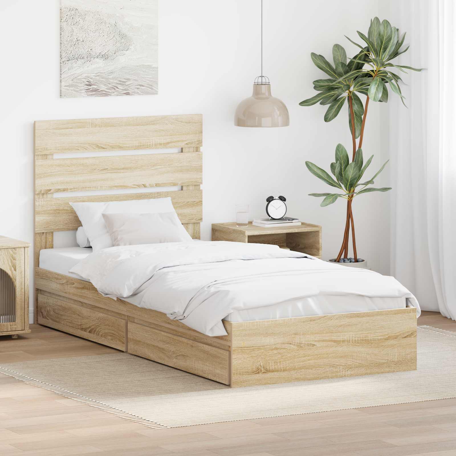 Opslag bed met hoofdeinde Sonoma Eiken 90 x 190 cm Bewerkt hout is nu te koop bij PeponiXL, paradijselijk wonen!