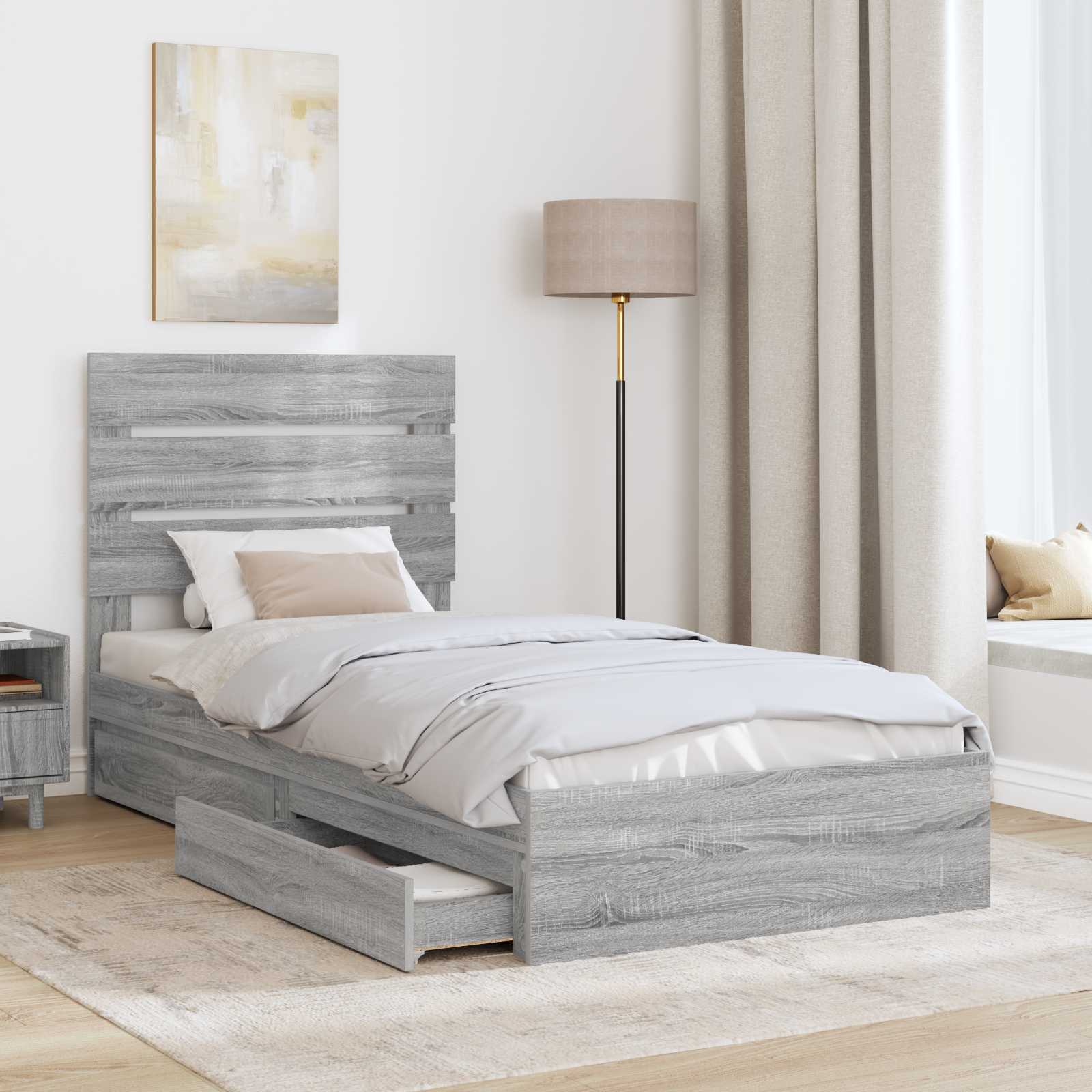Opslag bed met hoofdeinde Grijs Sonoma 70 x 190 cm Bewerkt hout is nu te koop bij PeponiXL, paradijselijk wonen!