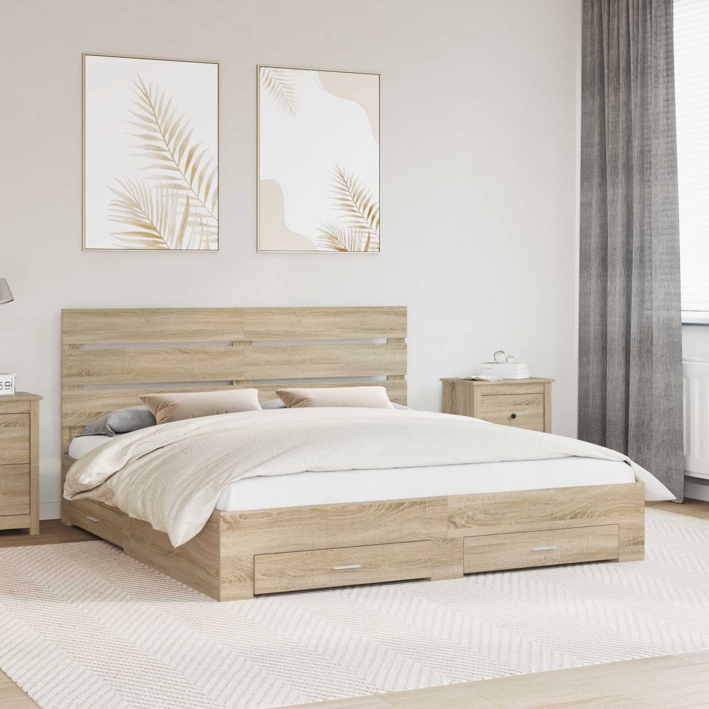 Bedframe met lade Sonoma Eiken 200 x 200 cm Bewerkt hout is nu te koop bij PeponiXL, paradijselijk wonen!