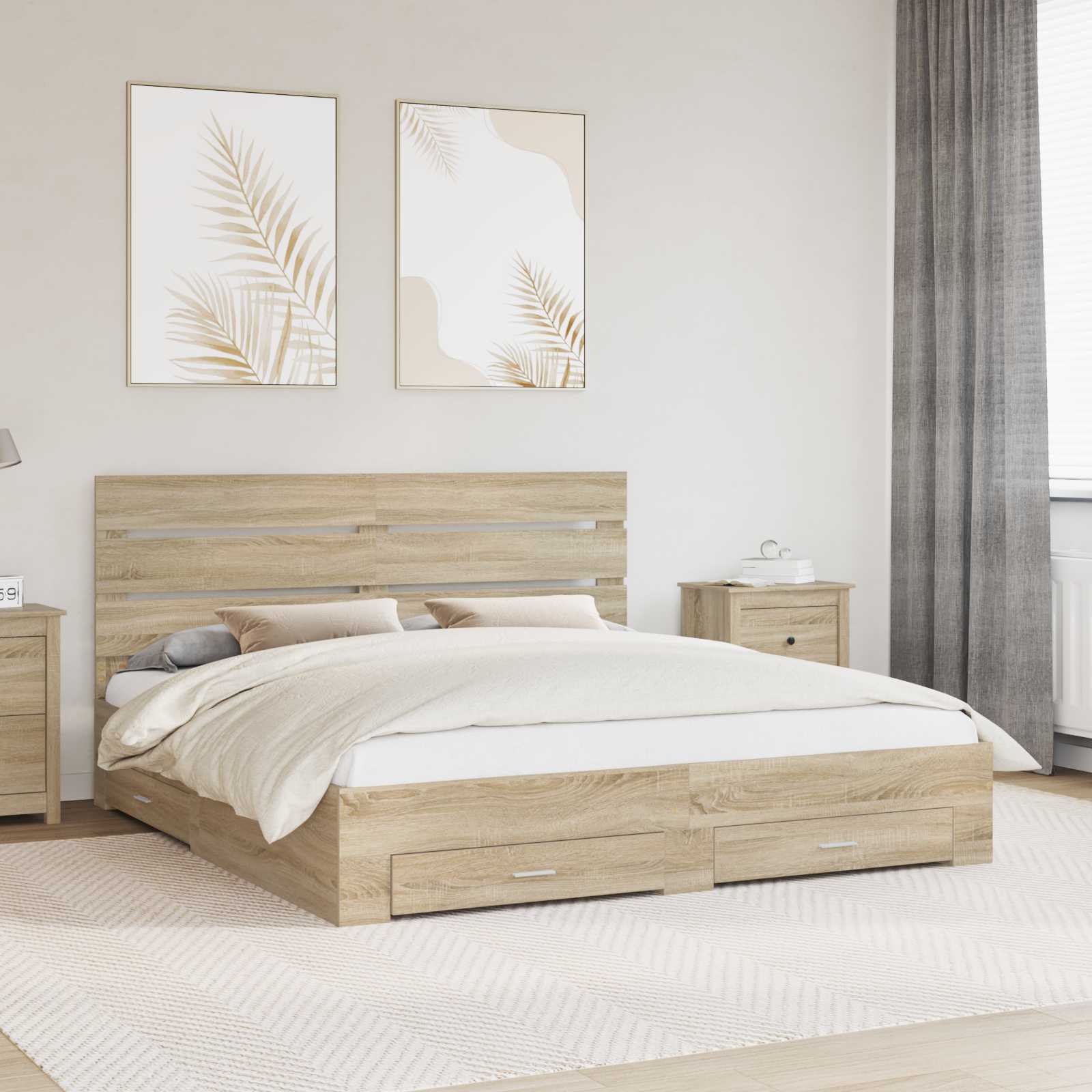 Bedframe met lade Sonoma Eiken 200 x 200 cm Bewerkt hout is nu te koop bij PeponiXL, paradijselijk wonen!