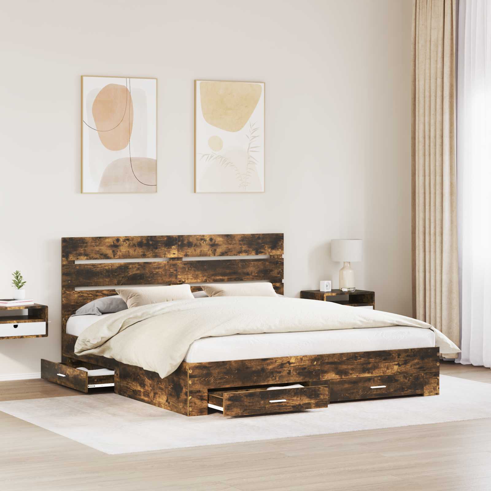 Bedframe met lade Gerookt eiken 200 x 200 cm Bewerkt hout is nu te koop bij PeponiXL, paradijselijk wonen!
