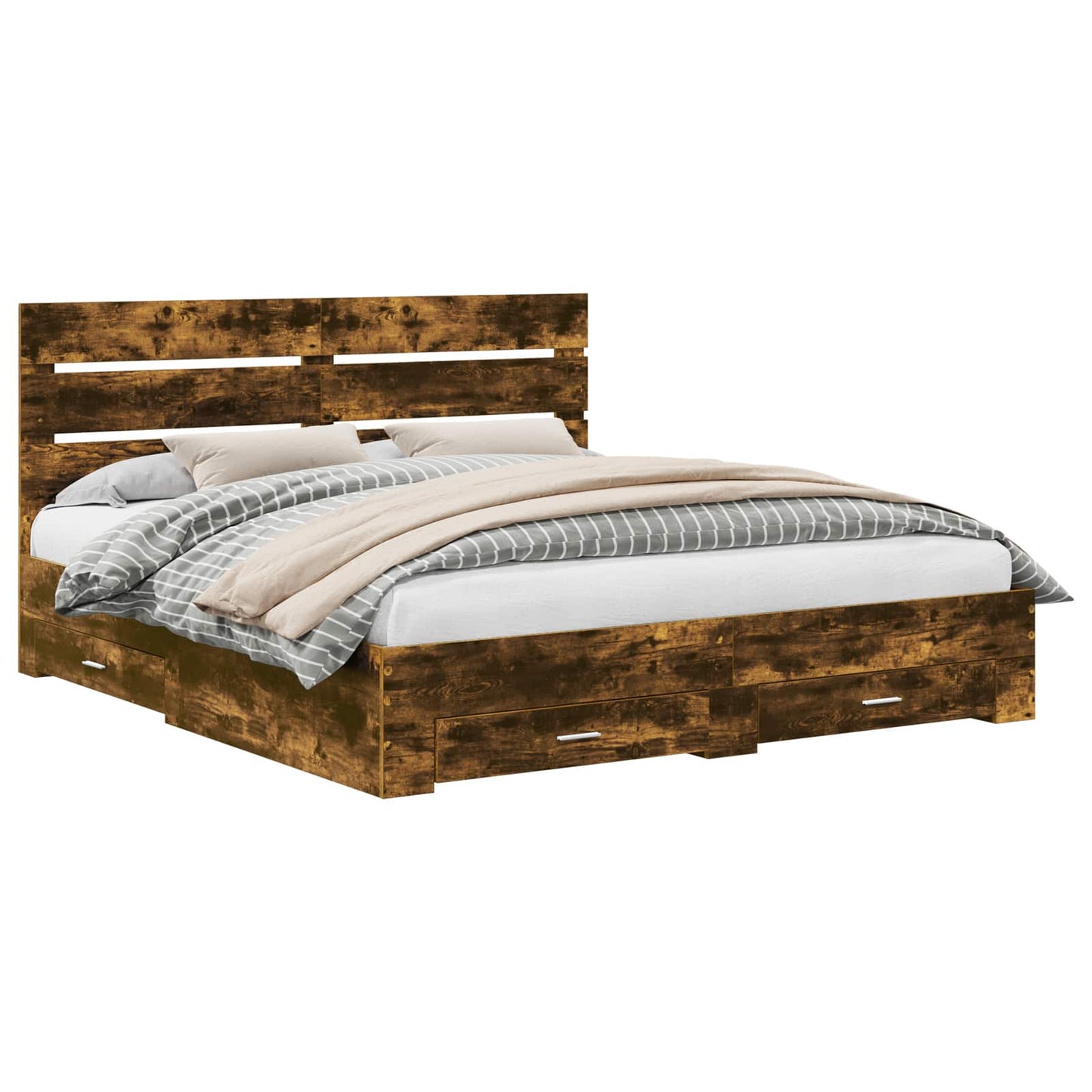 Bedframe met lade Gerookt eiken 200 x 200 cm Bewerkt hout is nu te koop bij PeponiXL, paradijselijk wonen!