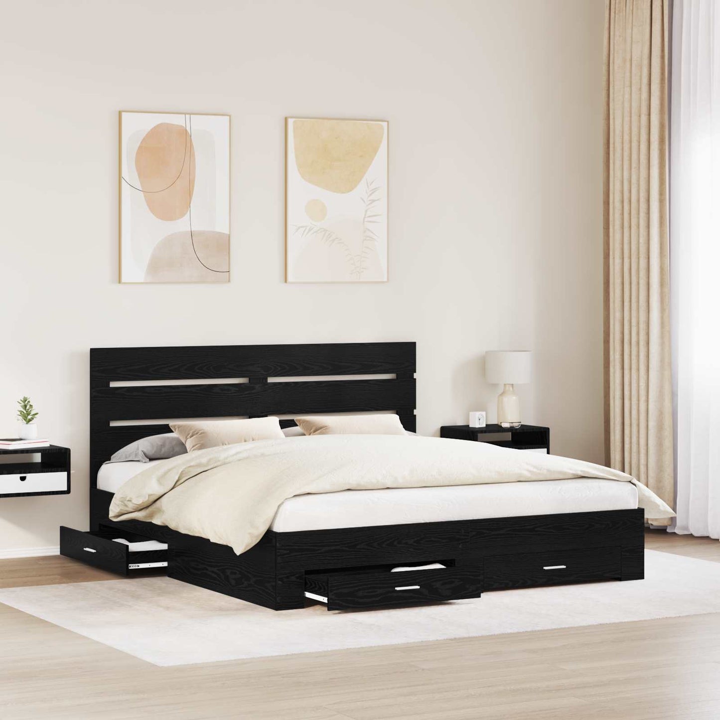Bedframe met lade Zwart Eiken 180 x 200 cm Bewerkt hout is nu te koop bij PeponiXL, paradijselijk wonen!