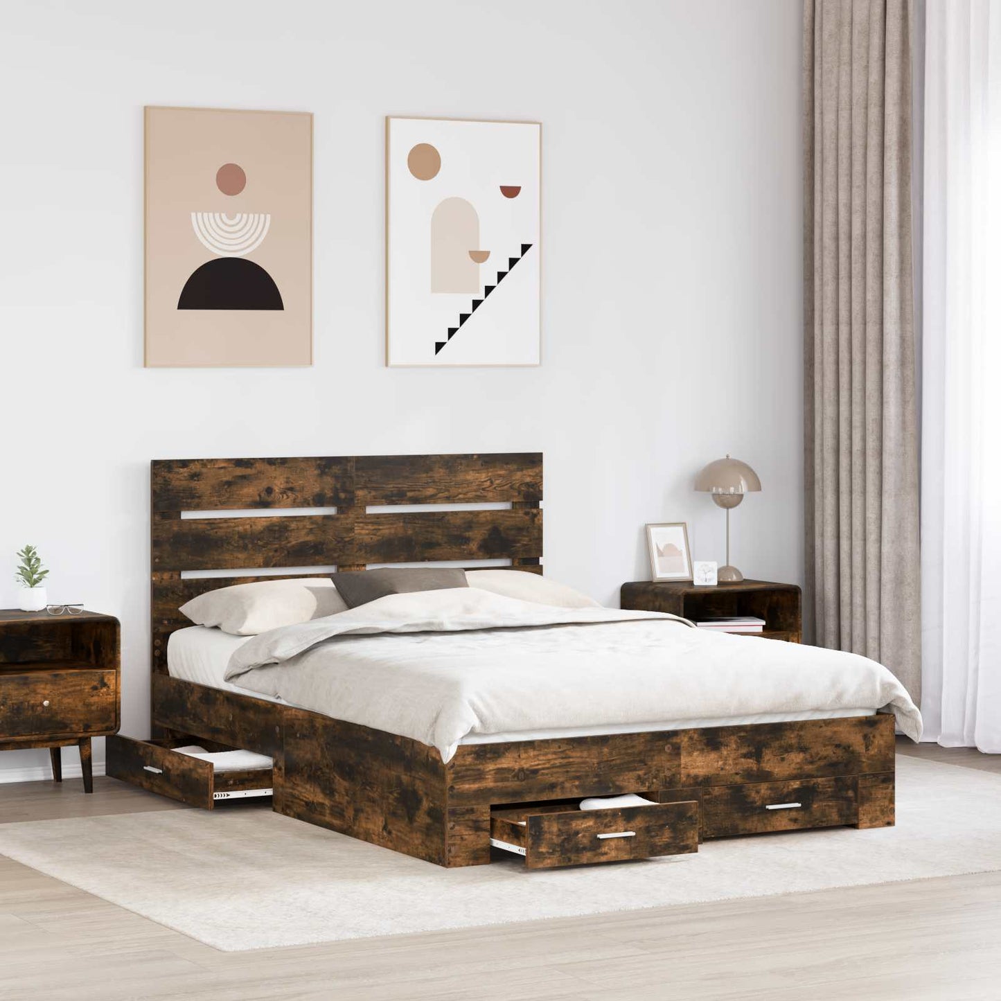 Bedframe met lade Gerookt eiken 150 x 200 cm Bewerkt hout is nu te koop bij PeponiXL, paradijselijk wonen!