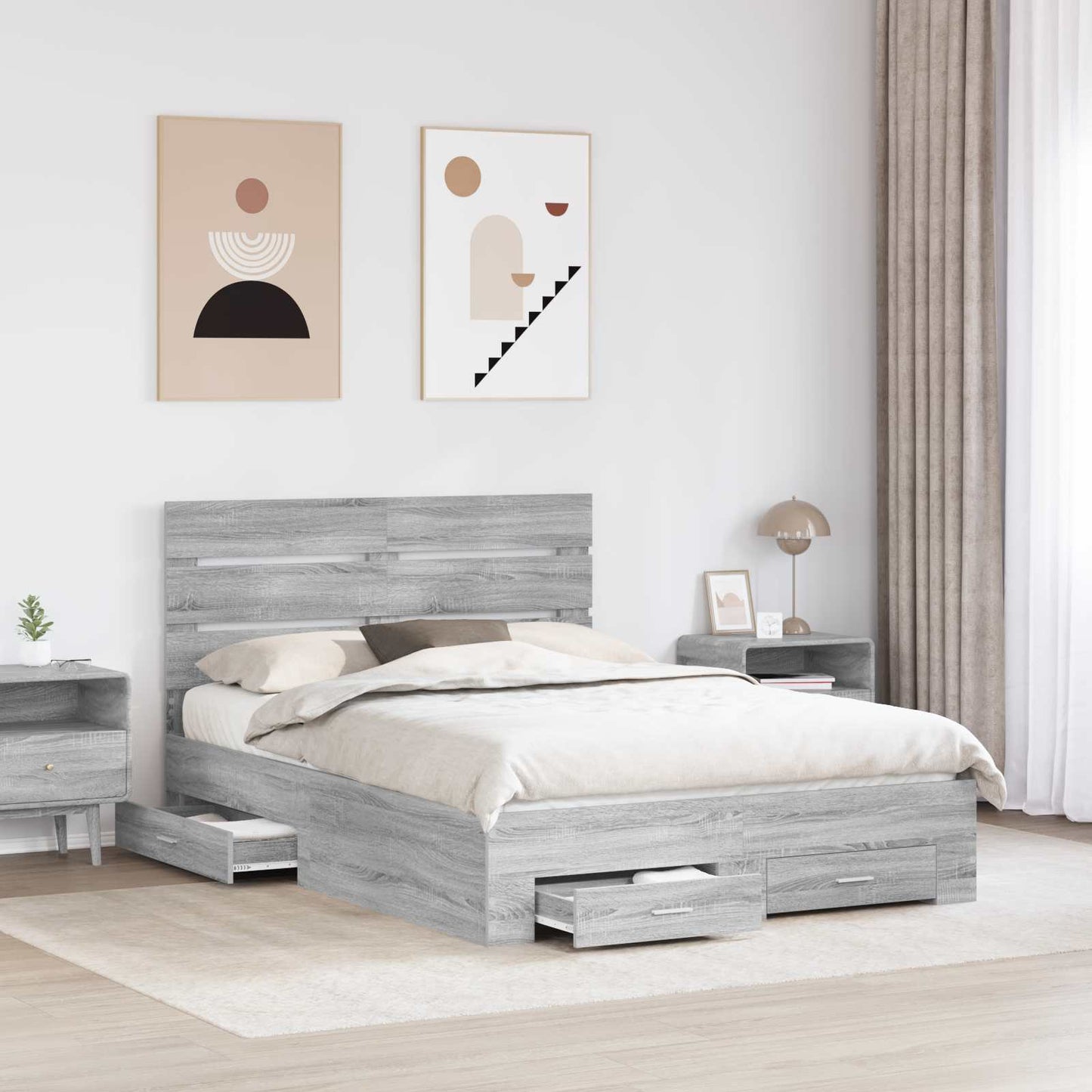 Bedframe met lade Grijs Sonoma 140 x 200 cm Bewerkt hout is nu te koop bij PeponiXL, paradijselijk wonen!