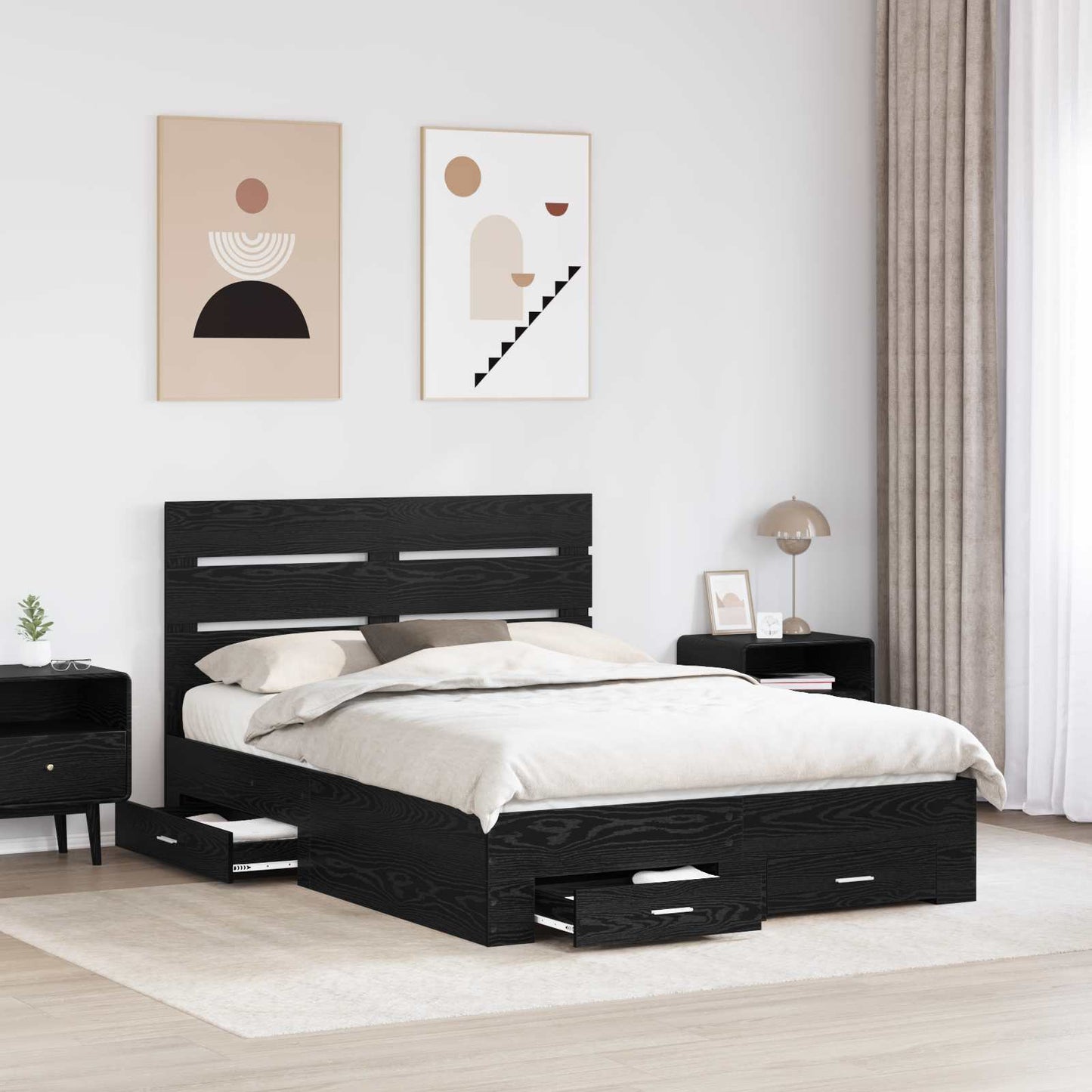 Bedframe met lade Zwart Eiken 140 x 190 cm Bewerkt hout is nu te koop bij PeponiXL, paradijselijk wonen!