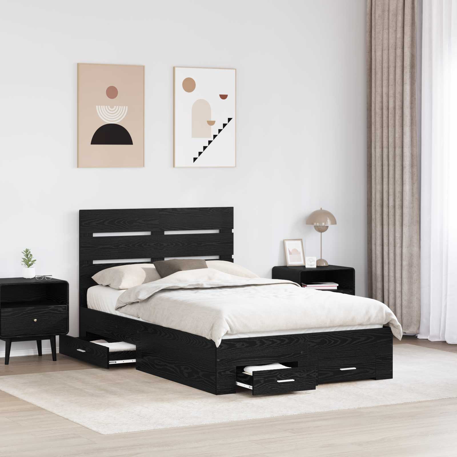 Bedframe met lade Zwart Eiken 135 x 190 cm Bewerkt hout is nu te koop bij PeponiXL, paradijselijk wonen!