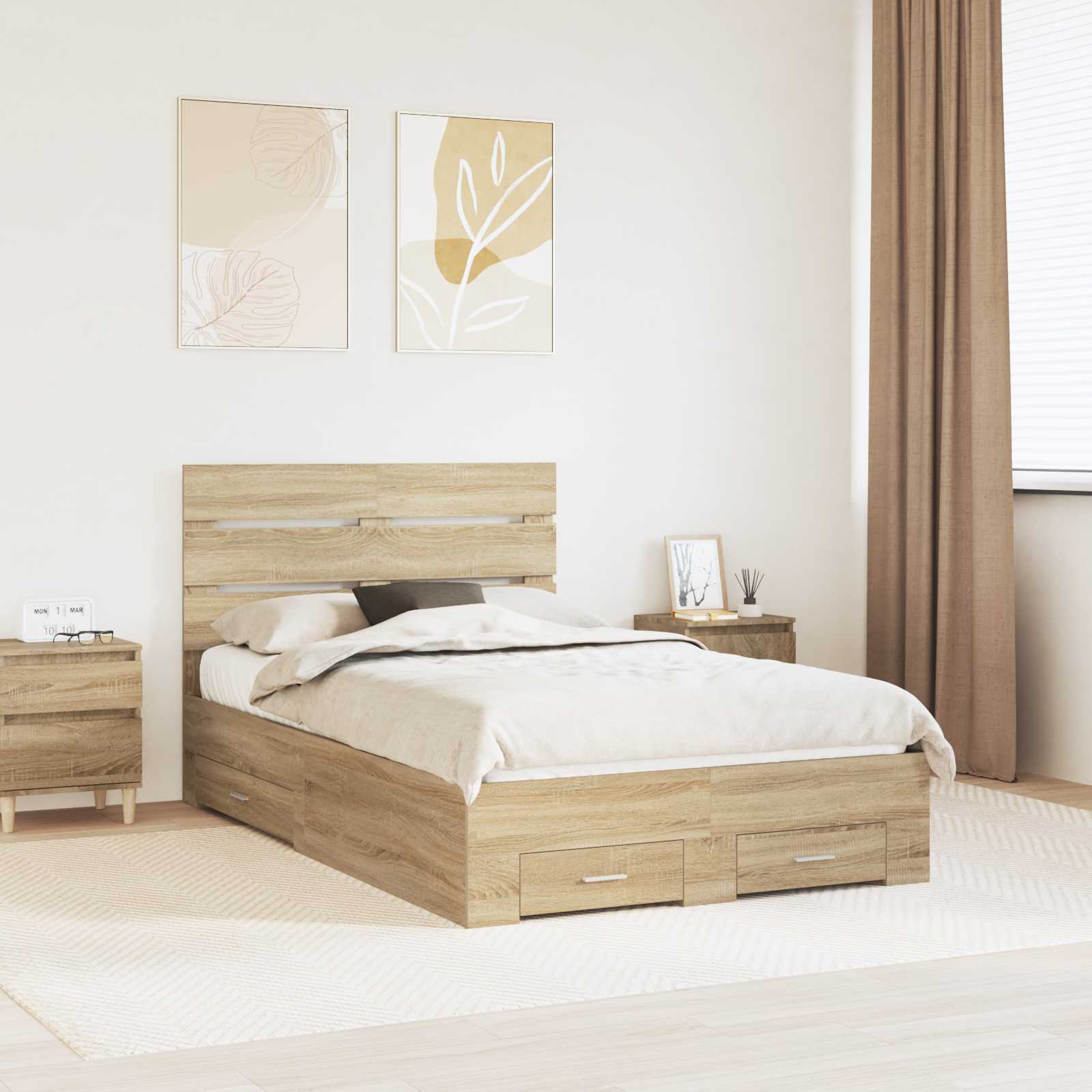Bedframe met lade Sonoma Eiken 135 x 190 cm Bewerkt hout is nu te koop bij PeponiXL, paradijselijk wonen!