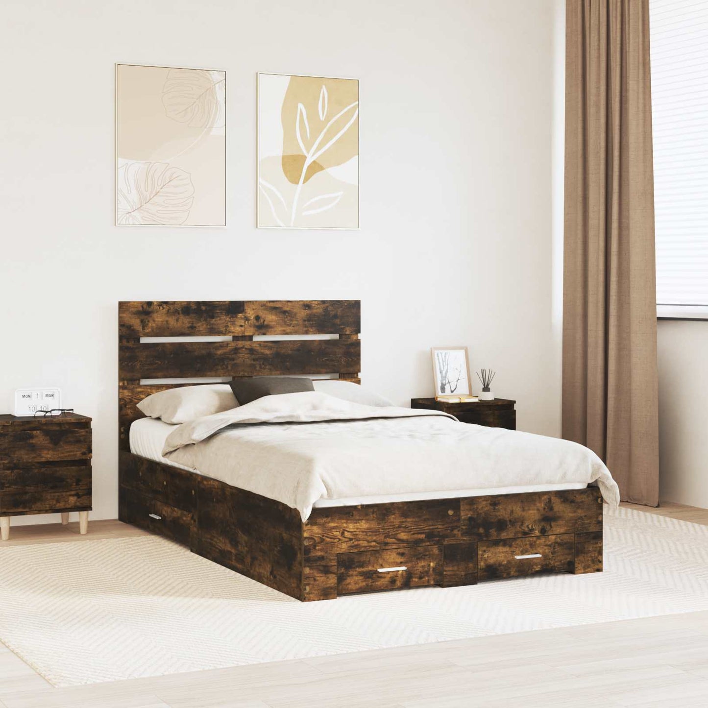 Bedframe met lade Gerookt eiken 135 x 190 cm Bewerkt hout is nu te koop bij PeponiXL, paradijselijk wonen!
