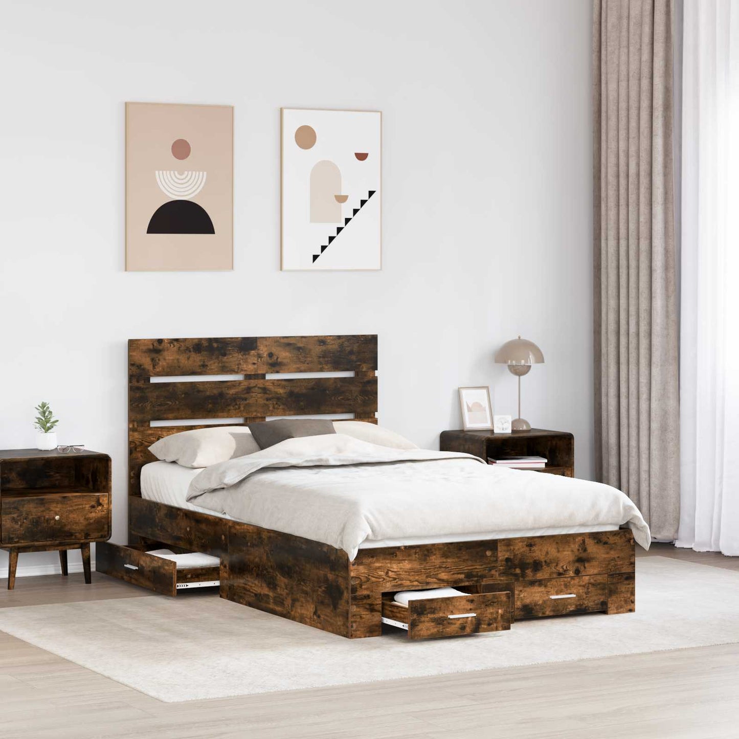 Bedframe met lade Gerookt eiken 120 x 200 cm Bewerkt hout is nu te koop bij PeponiXL, paradijselijk wonen!