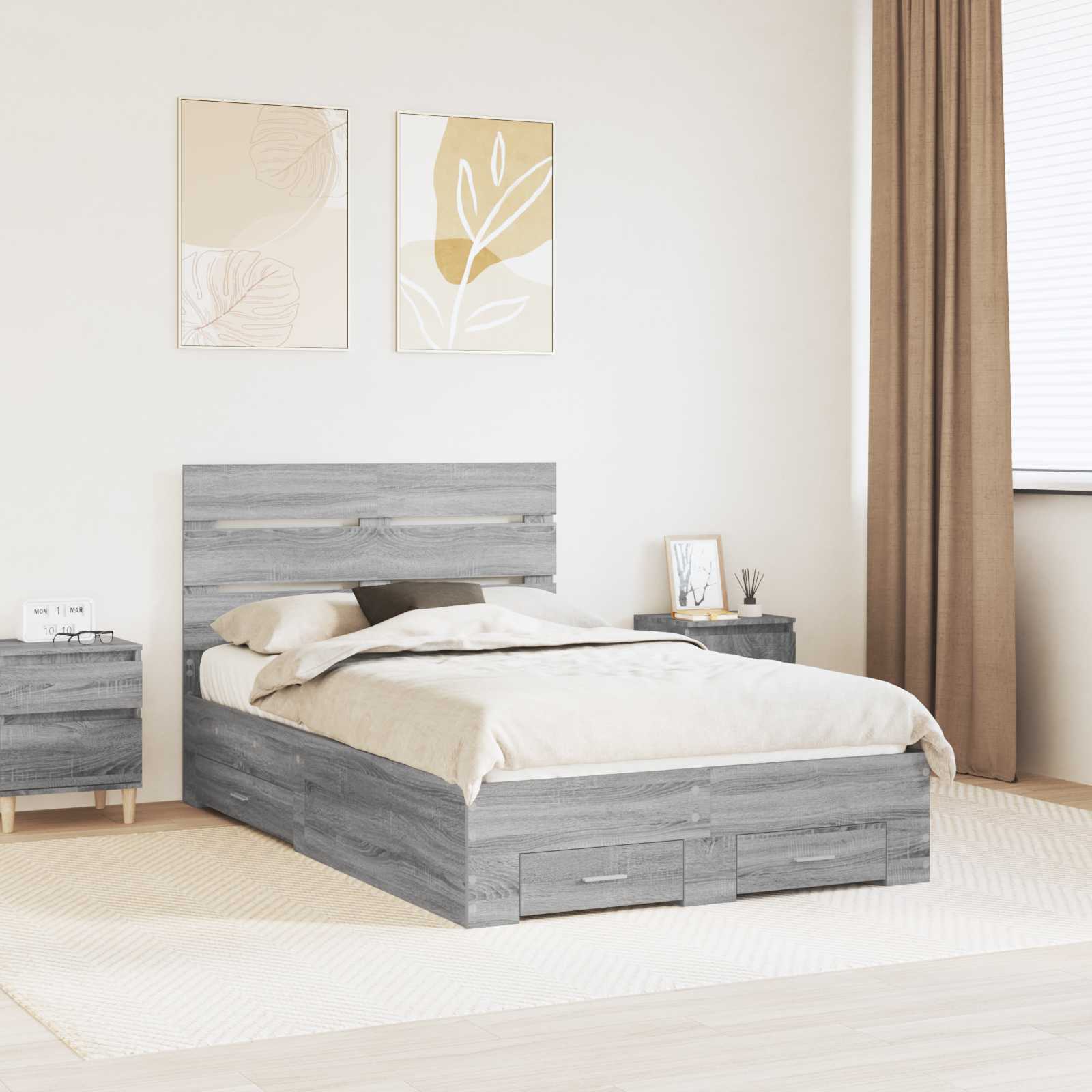 Bedframe met lade Grijs Sonoma 120 x 200 cm Bewerkt hout is nu te koop bij PeponiXL, paradijselijk wonen!
