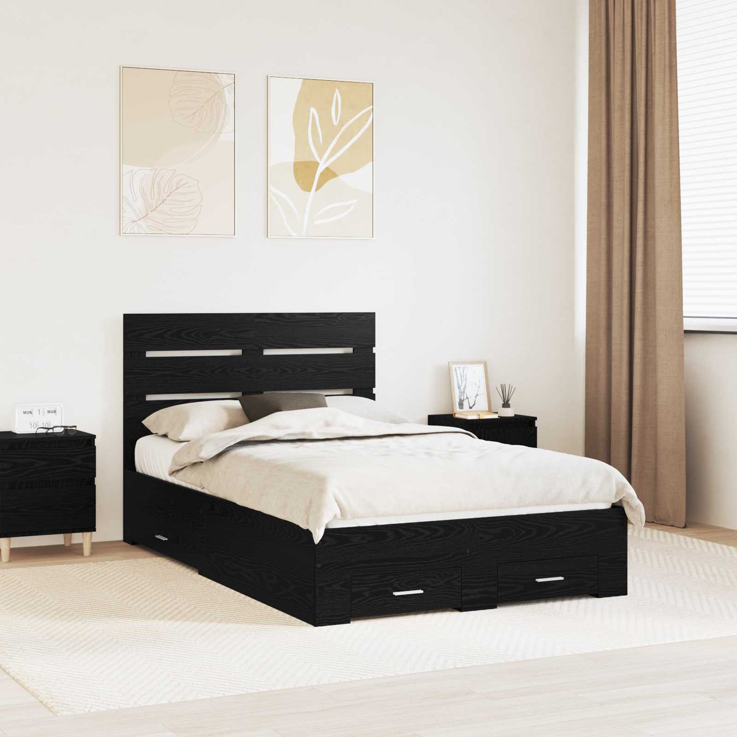 Bedframe met lade Zwart Eiken 120 x 190 cm Bewerkt hout is nu te koop bij PeponiXL, paradijselijk wonen!