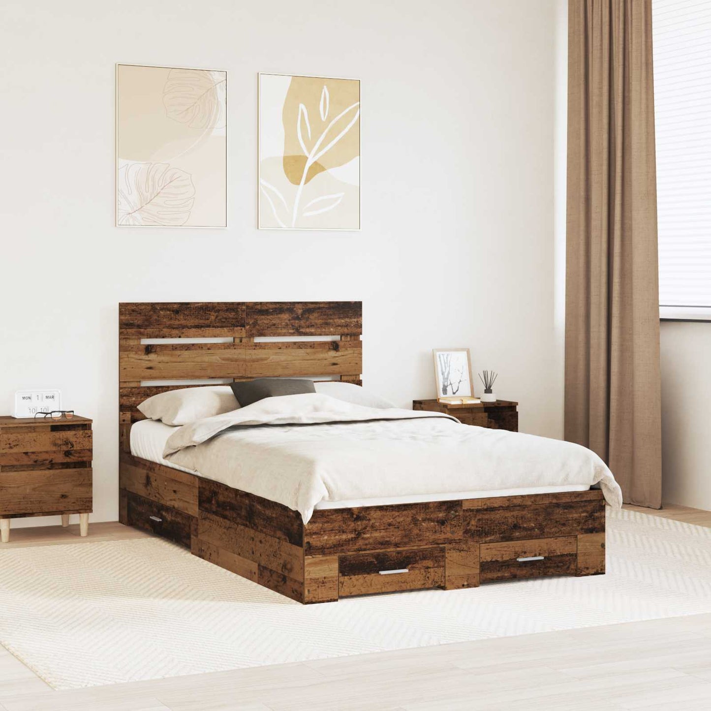 Bedframe met lade met opslag Oudhout 120 x 190 cm Bewerkt hout is nu te koop bij PeponiXL, paradijselijk wonen!