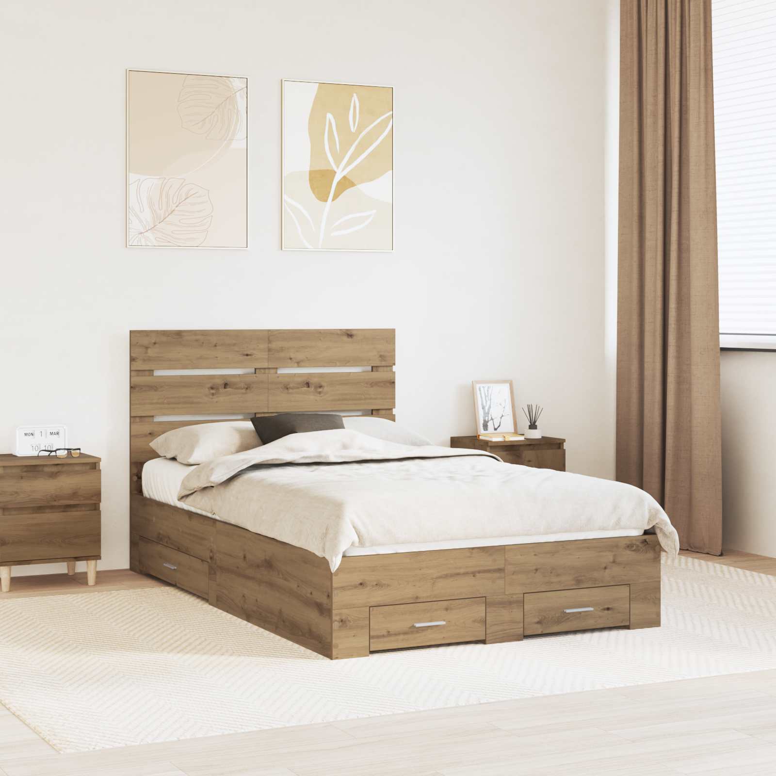 Bedframe met lade Artisan Eiken 120 x 190 cm Bewerkt hout is nu te koop bij PeponiXL, paradijselijk wonen!