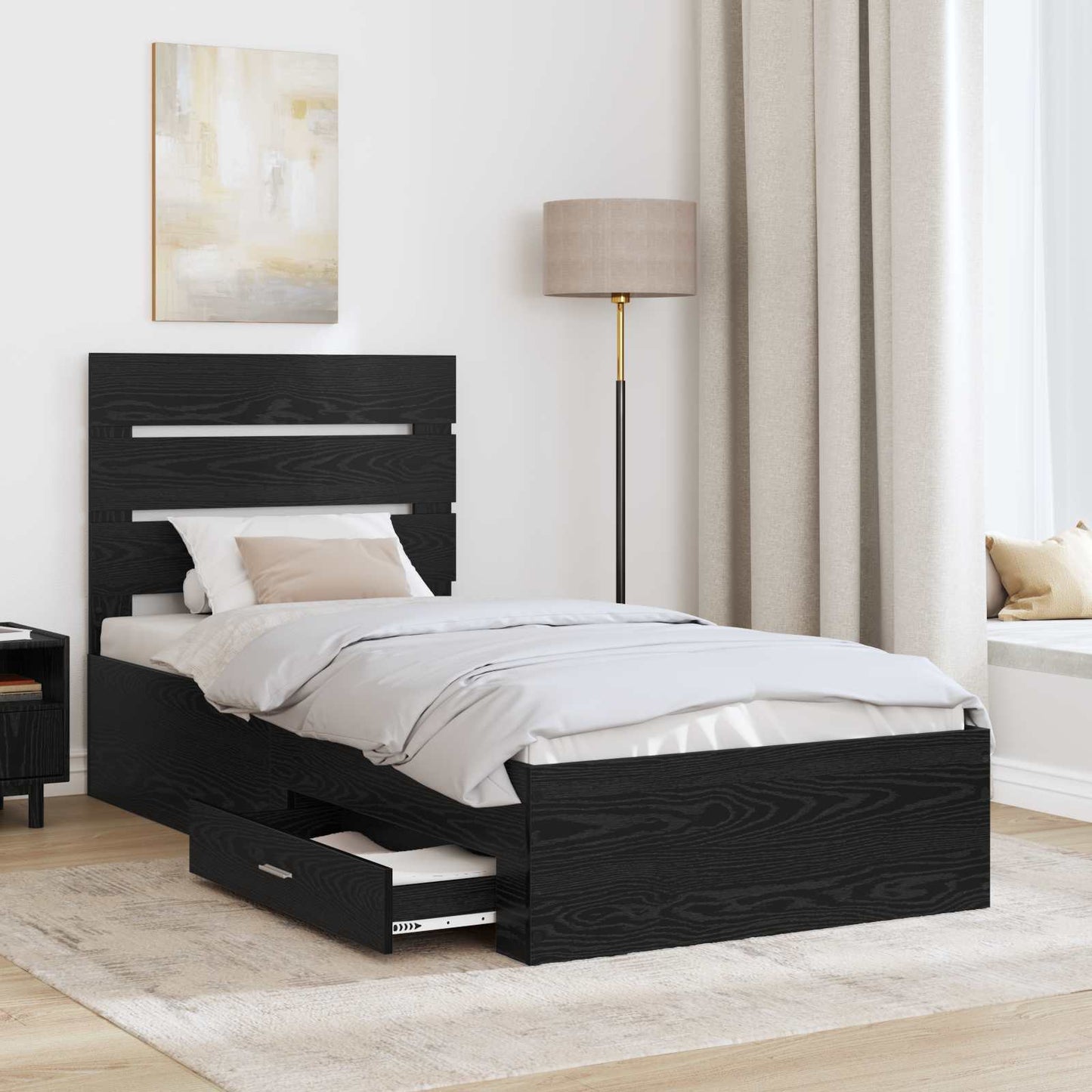 Bedframe met lade Zwart Eiken 100 x 200 cm Bewerkt hout is nu te koop bij PeponiXL, paradijselijk wonen!