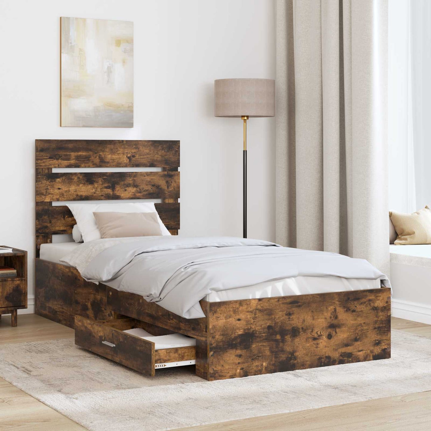 Bedframe met lade Gerookt eiken 100 x 200 cm Bewerkt hout is nu te koop bij PeponiXL, paradijselijk wonen!