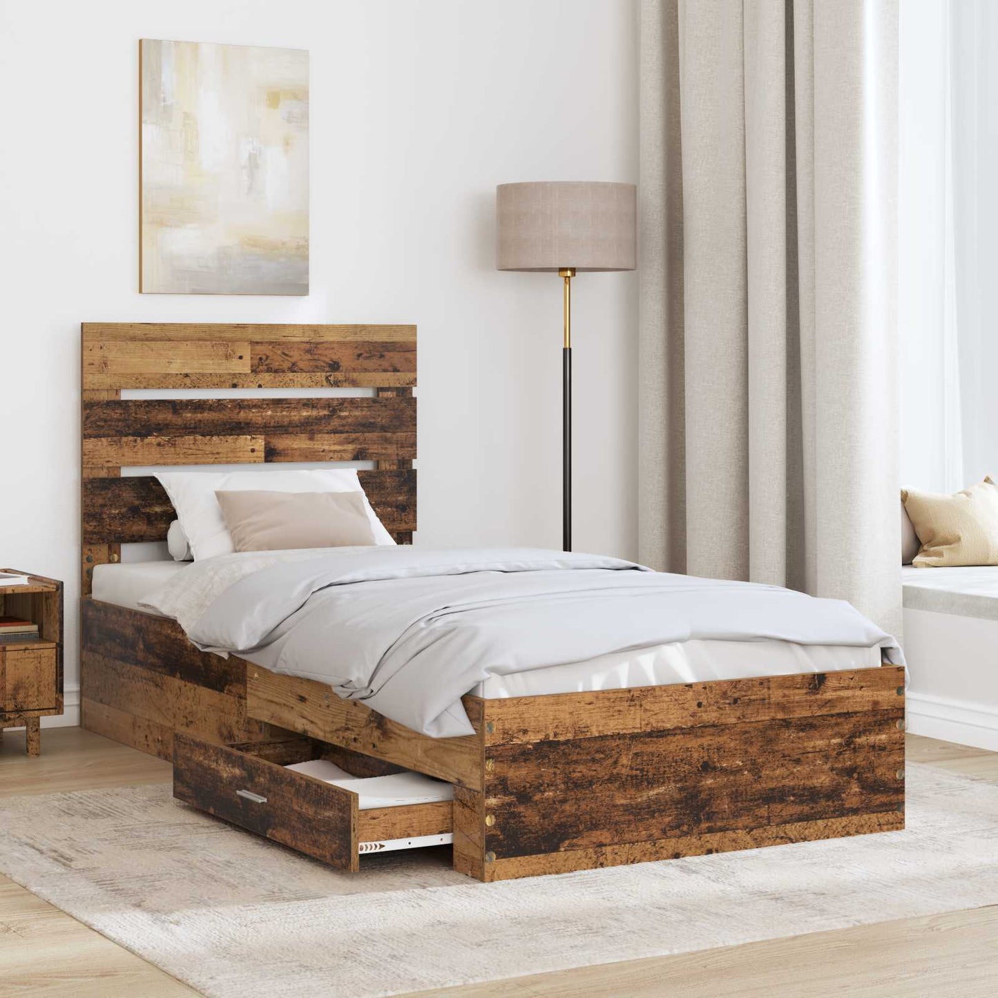 Bedframe met lade met opslag Oudhout 100 x 200 cm Bewerkt hout is nu te koop bij PeponiXL, paradijselijk wonen!