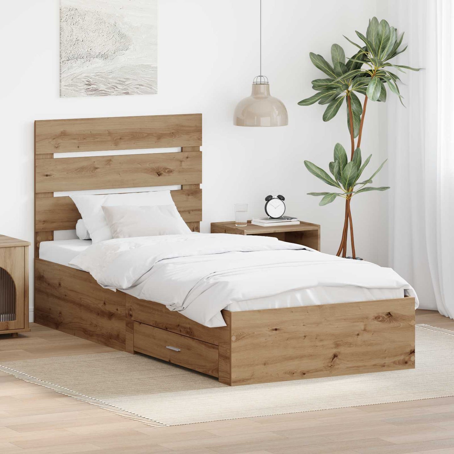 Bedframe met lade Artisan Eiken 100 x 200 cm Bewerkt hout is nu te koop bij PeponiXL, paradijselijk wonen!