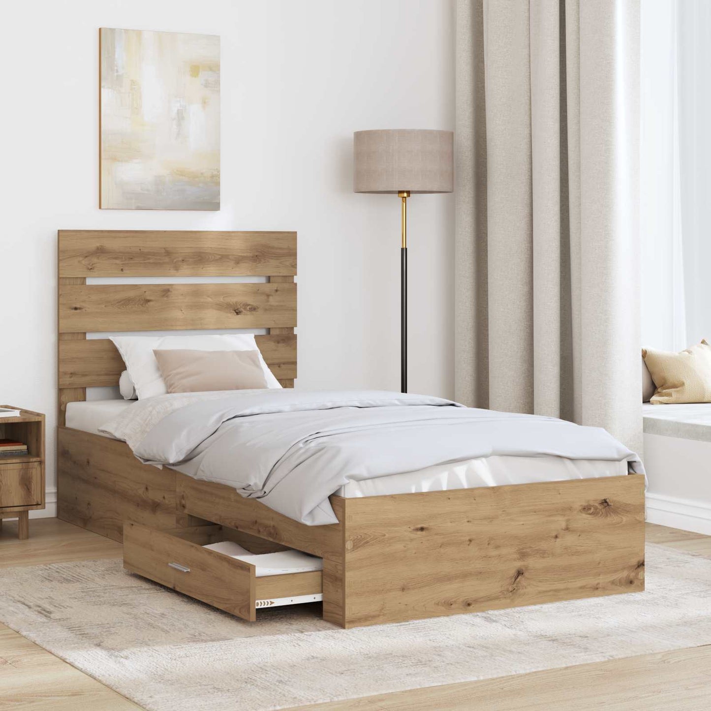 Bedframe met lade Artisan Eiken 100 x 200 cm Bewerkt hout is nu te koop bij PeponiXL, paradijselijk wonen!