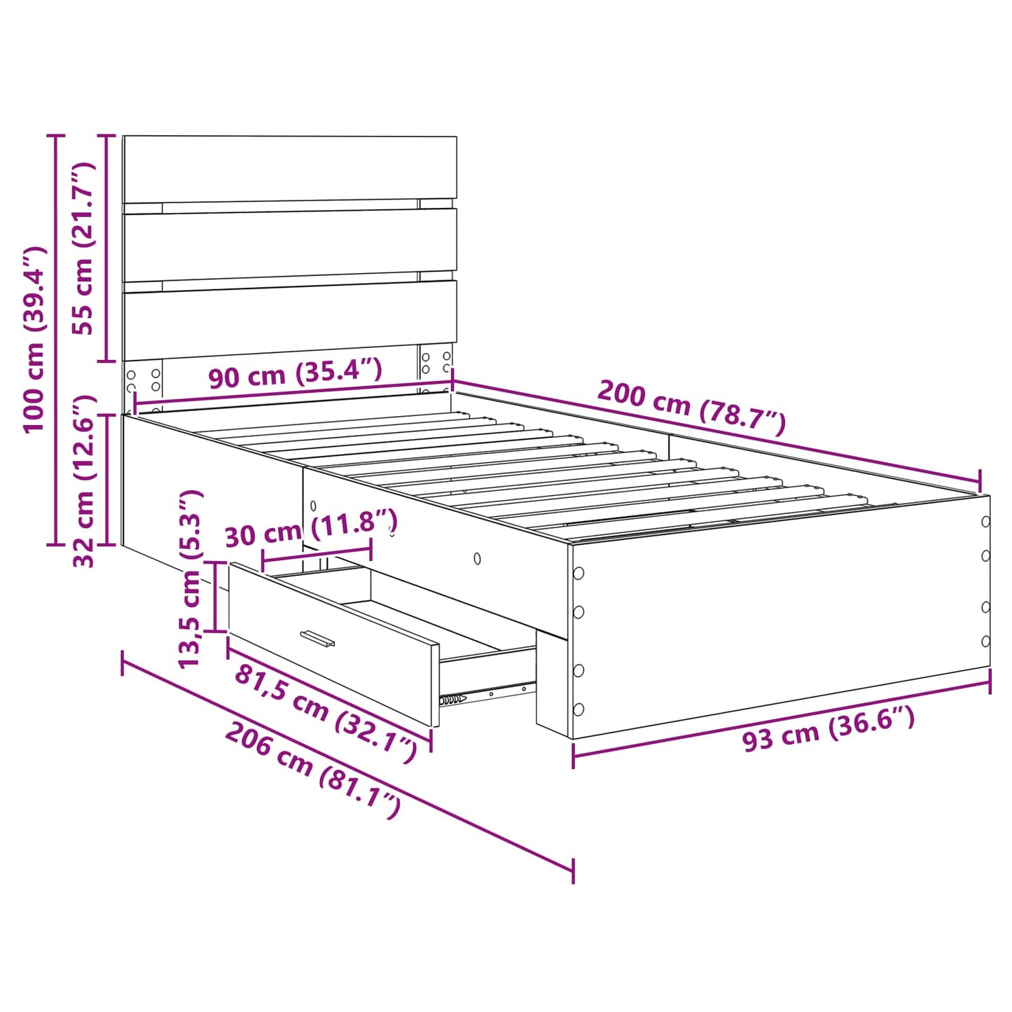 Bedframe met lade Grijs Sonoma 90 x 200 cm Bewerkt hout is nu te koop bij PeponiXL, paradijselijk wonen!
