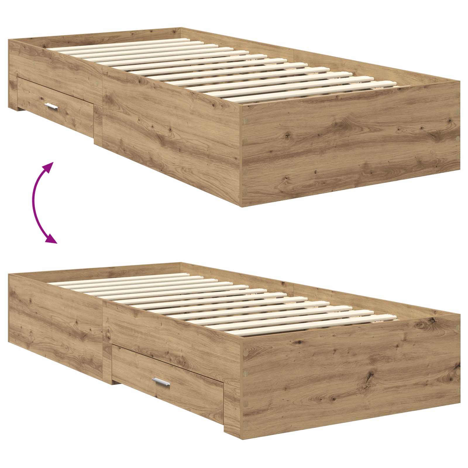 Bedframe met lade Artisan Eiken 90 x 200 cm Bewerkt hout is nu te koop bij PeponiXL, paradijselijk wonen!