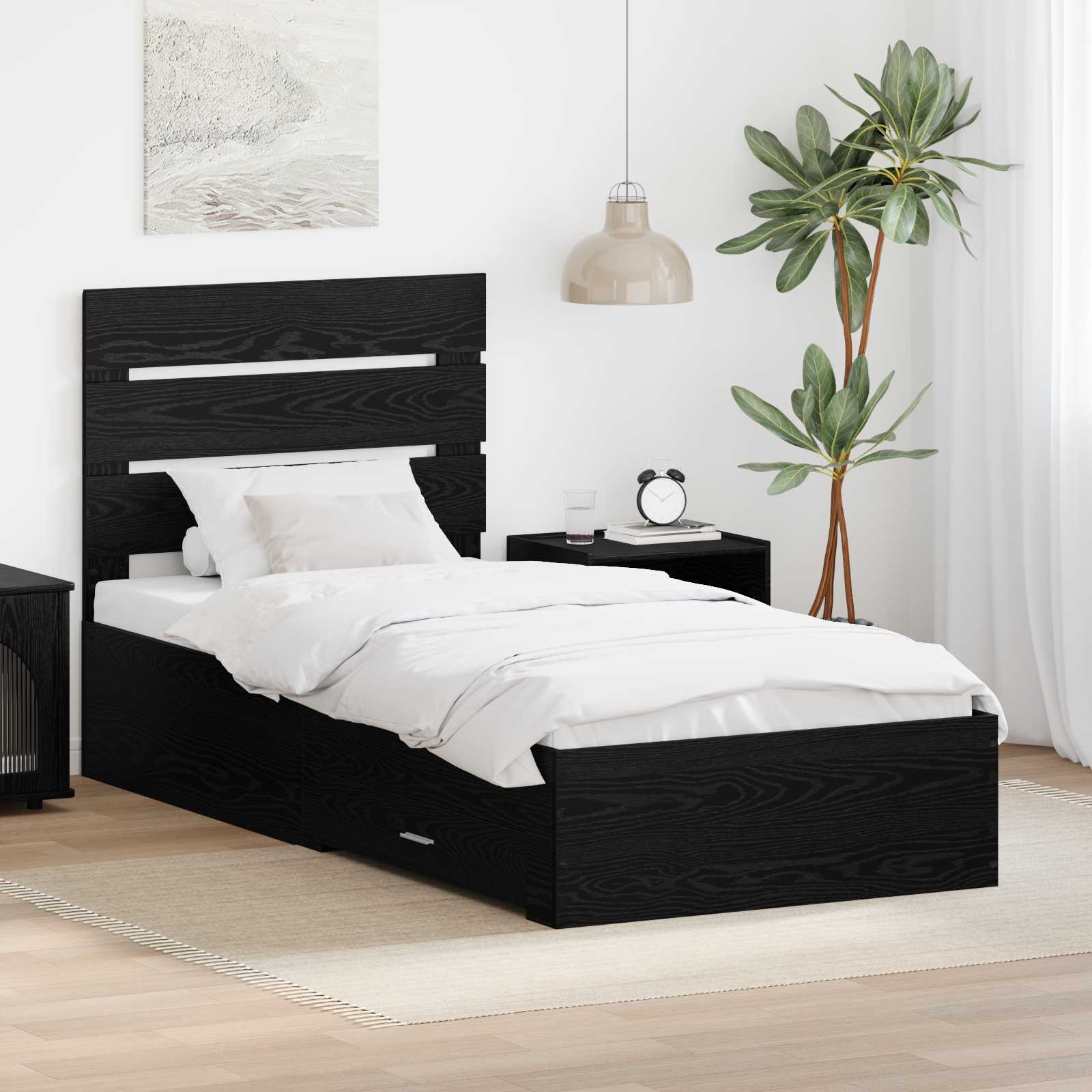 Bedframe met lade Zwart Eiken 90 x 190 cm Bewerkt hout is nu te koop bij PeponiXL, paradijselijk wonen!
