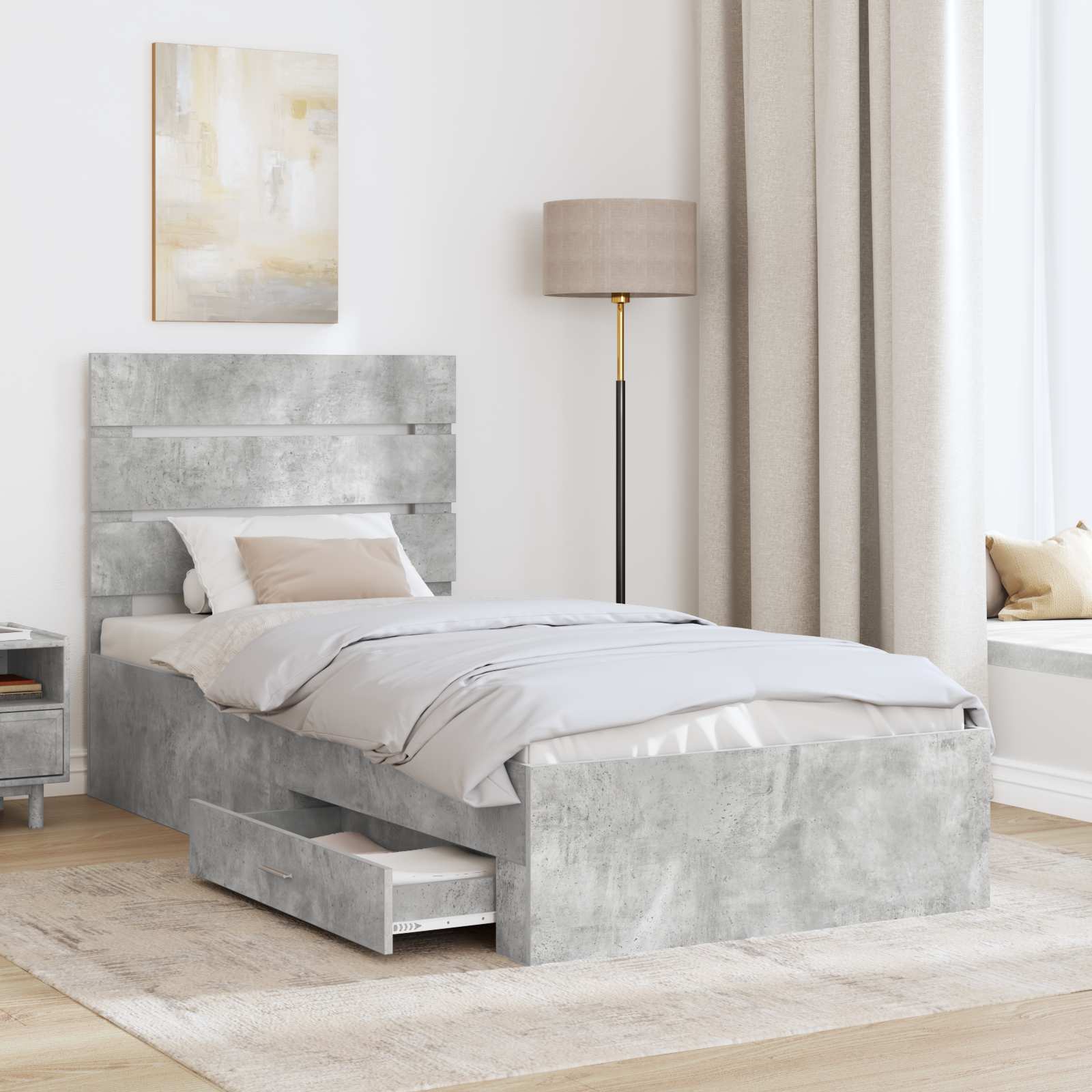 Bedframe met lade Beton Grijs 90 x 190 cm Bewerkt hout is nu te koop bij PeponiXL, paradijselijk wonen!