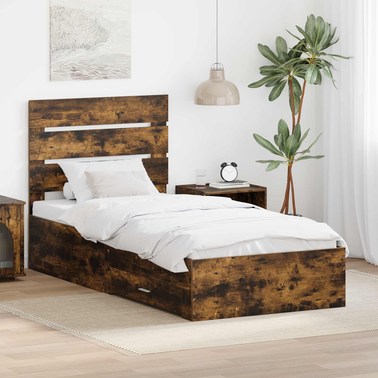 Bedframe met lade Gerookt eiken 90 x 190 cm Bewerkt hout is nu te koop bij PeponiXL, paradijselijk wonen!