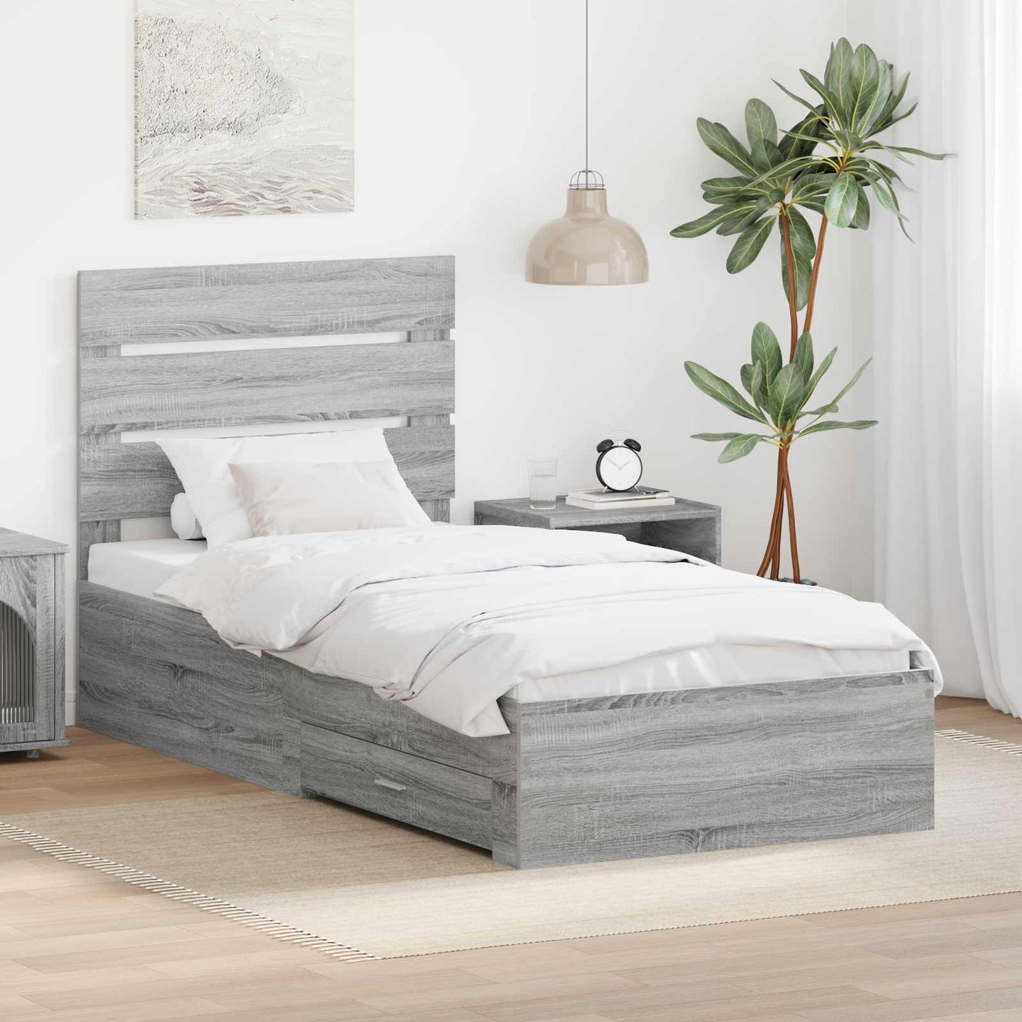 Bedframe met lade Grijs Sonoma 90 x 190 cm Bewerkt hout is nu te koop bij PeponiXL, paradijselijk wonen!