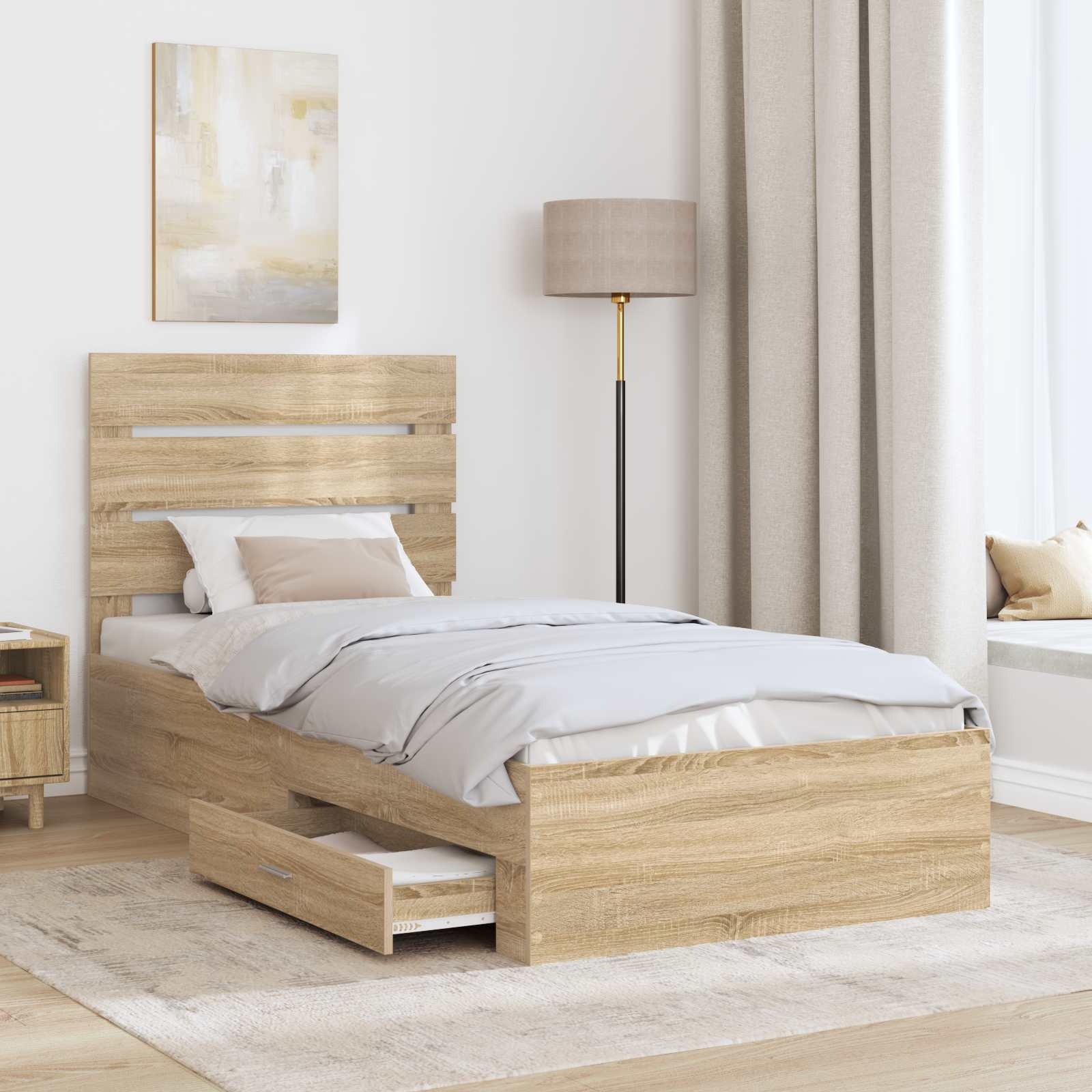 Bedframe Sonoma Eiken en Zilver 75 x 190 cm Bewerkt hout is nu te koop bij PeponiXL, paradijselijk wonen!