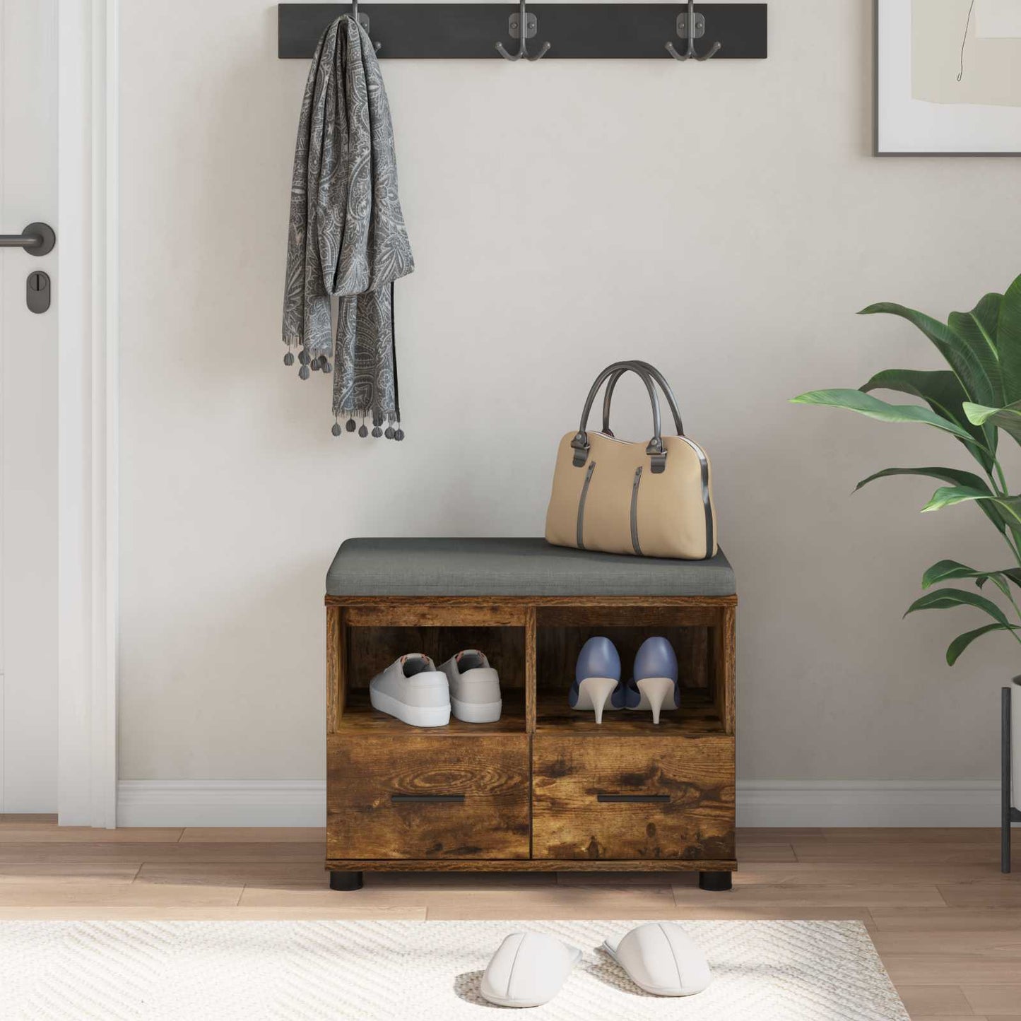 Halbank met kussen met lade Gerookte Eik 60 x 38 x 46 cm is nu te koop bij PeponiXL, paradijselijk wonen!