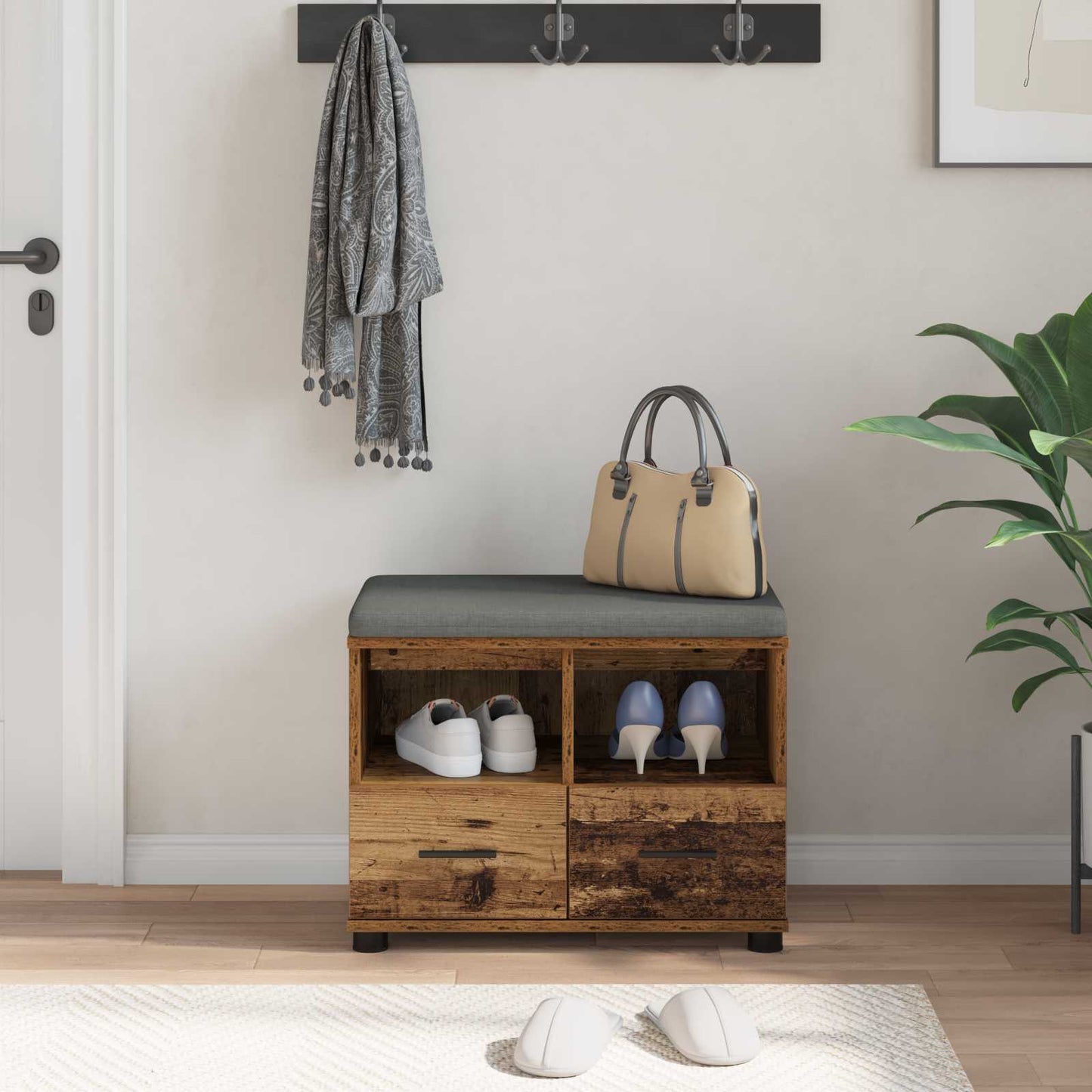Halbank Oudhout 60 x 38 x 46 cm Geïndustrialiseerd hout en stof is nu te koop bij PeponiXL, paradijselijk wonen!