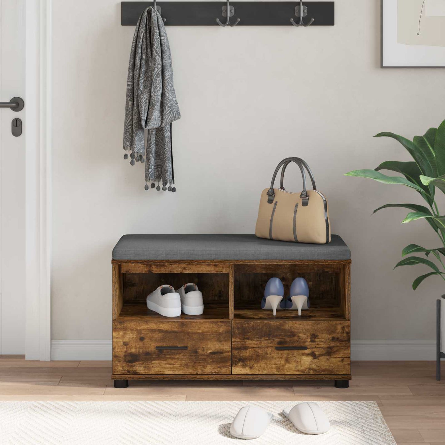 Halbank met kussen met lade Gerookte Eik 80 x 38 x 46 cm is nu te koop bij PeponiXL, paradijselijk wonen!