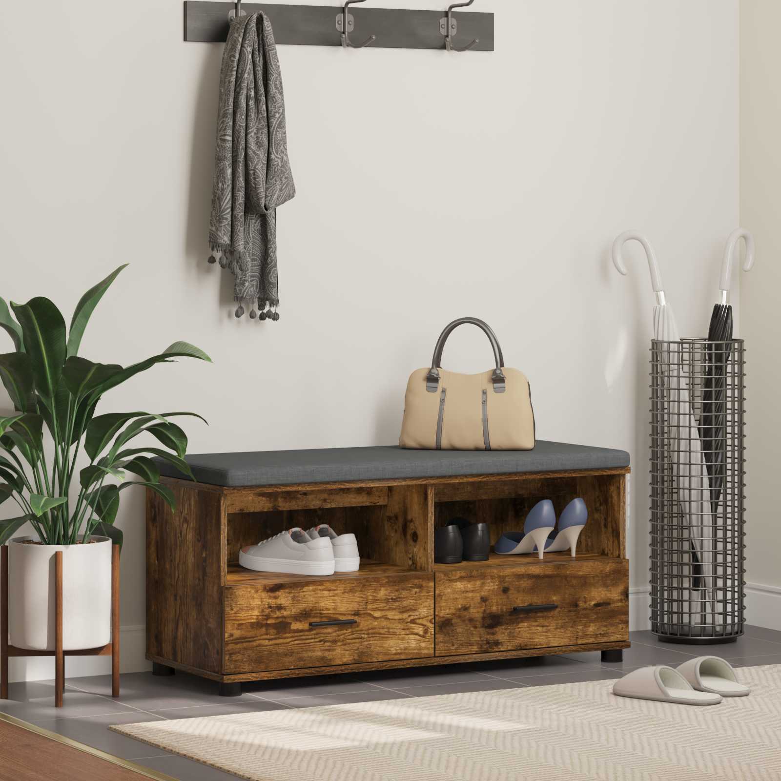 Halbank met kussen met lade Gerookt eiken 100 x 38 x 46 cm is nu te koop bij PeponiXL, paradijselijk wonen!