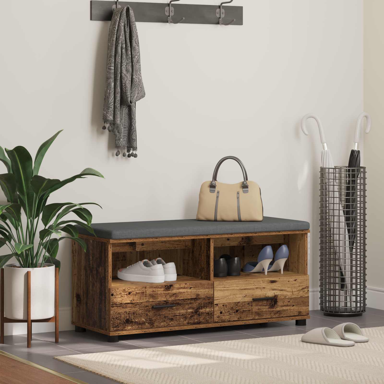 Halbank met kussen met lade met plank Oudhout 100 x 38 x 46 cm is nu te koop bij PeponiXL, paradijselijk wonen!