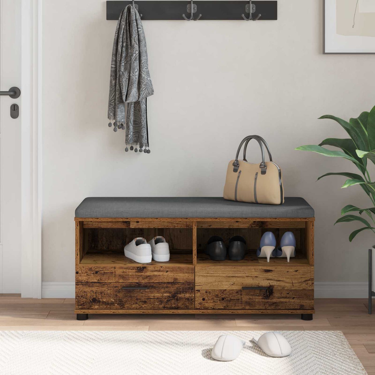 Halbank met kussen met lade met plank Oudhout 100 x 38 x 46 cm is nu te koop bij PeponiXL, paradijselijk wonen!