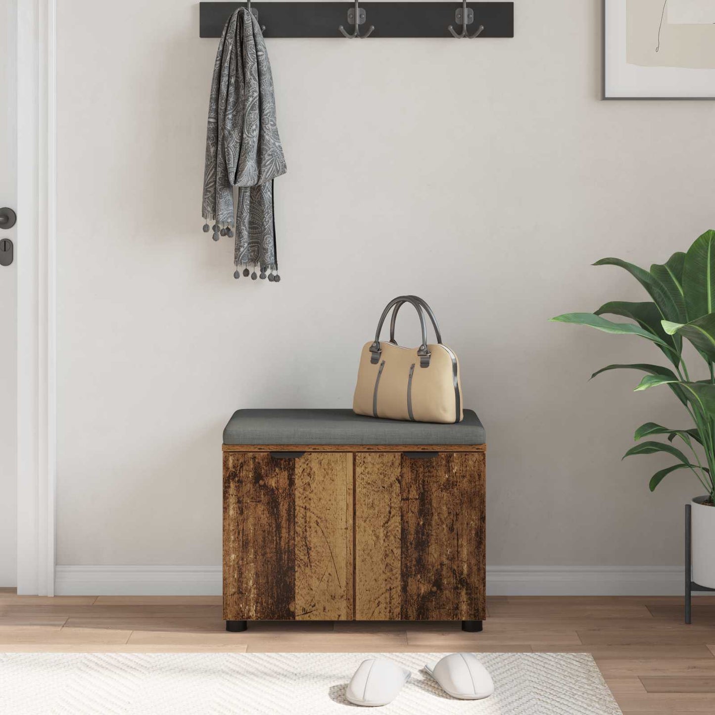Halbank Oudhout 60 x 38 x 46 cm Geïndustrialiseerd hout en stof is nu te koop bij PeponiXL, paradijselijk wonen!