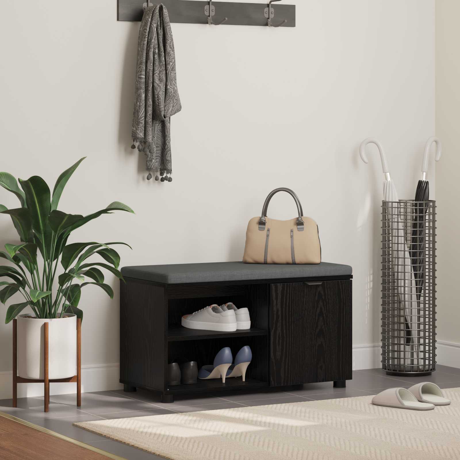 Halbank met kussen met plank Zwarte Eik 80 x 38 x 46 cm is nu te koop bij PeponiXL, paradijselijk wonen!