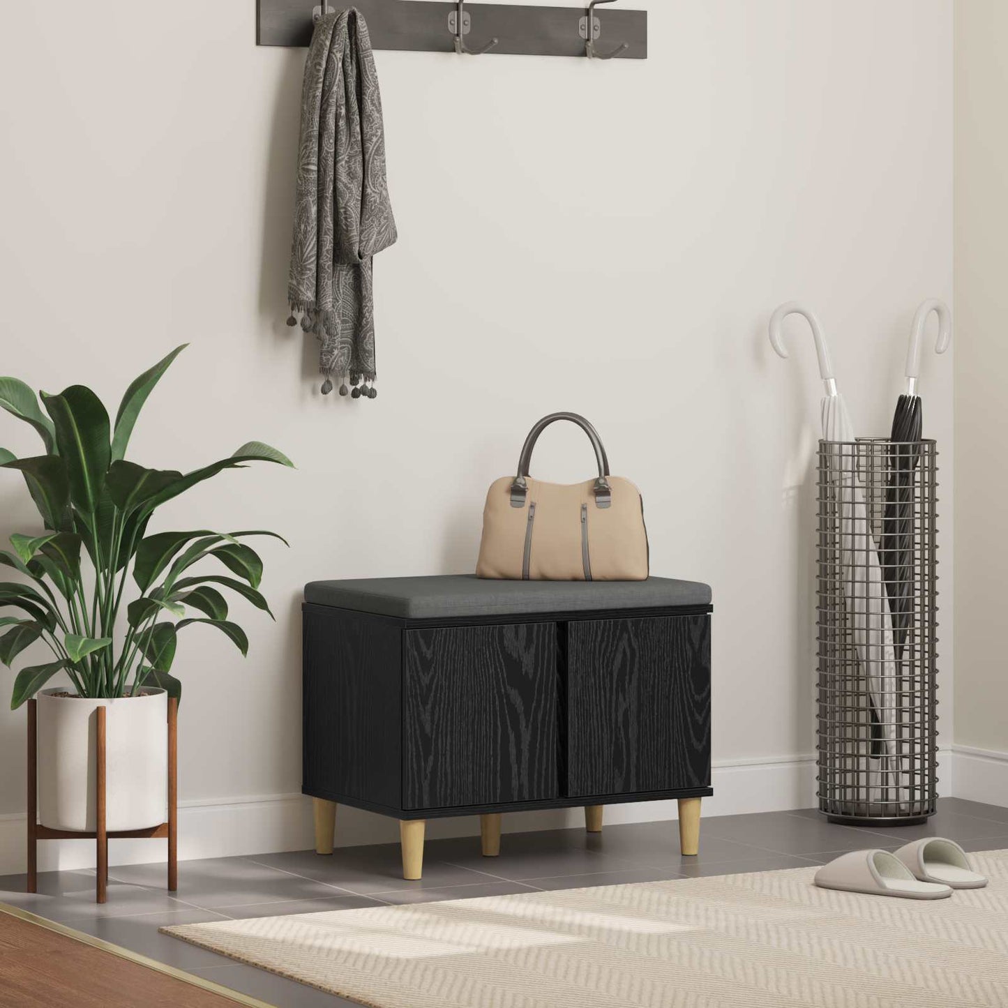 Halbank met kussen met opslag Zwarte Eik 60 x 38 x 46 cm is nu te koop bij PeponiXL, paradijselijk wonen!