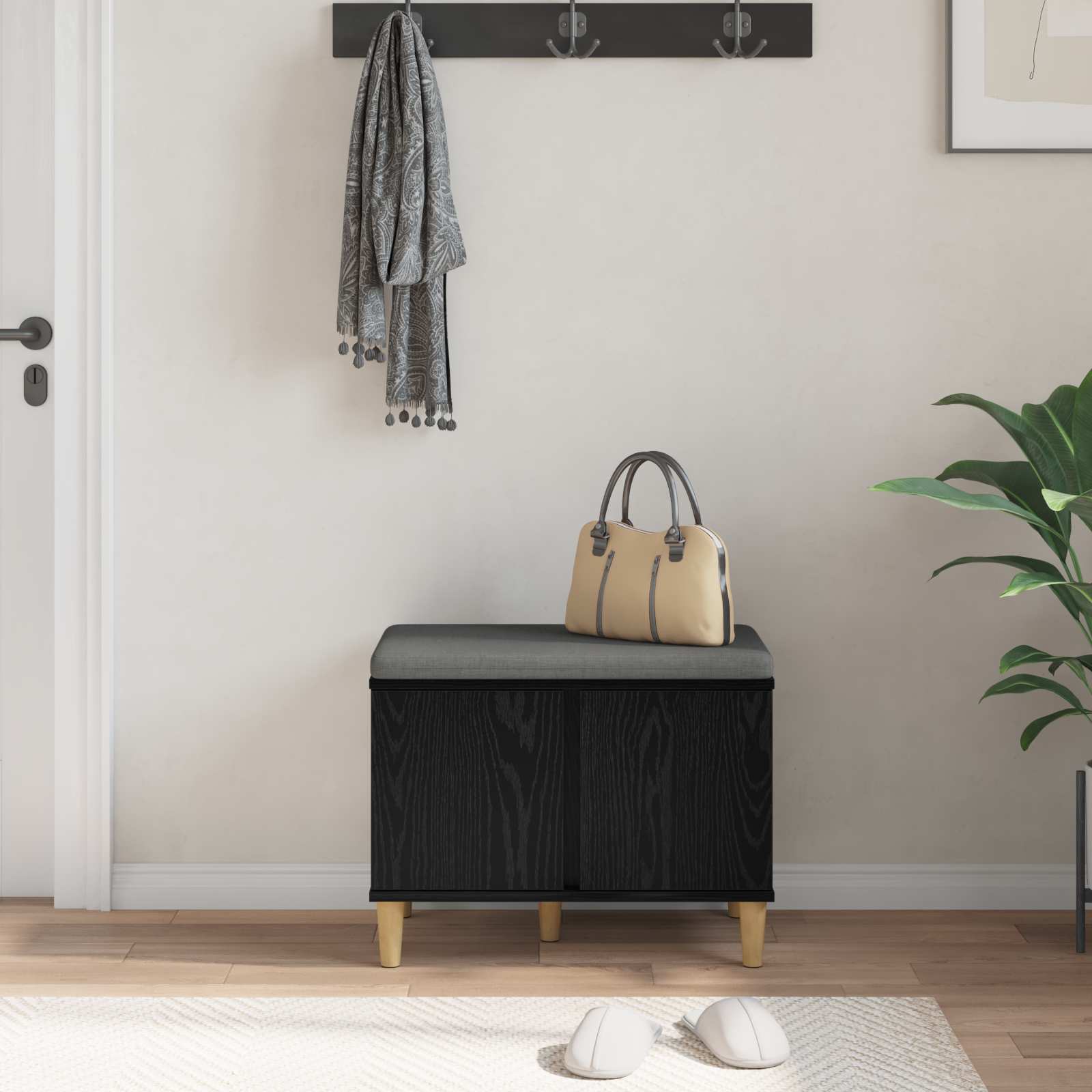 Halbank met kussen met opslag Zwarte Eik 60 x 38 x 46 cm is nu te koop bij PeponiXL, paradijselijk wonen!