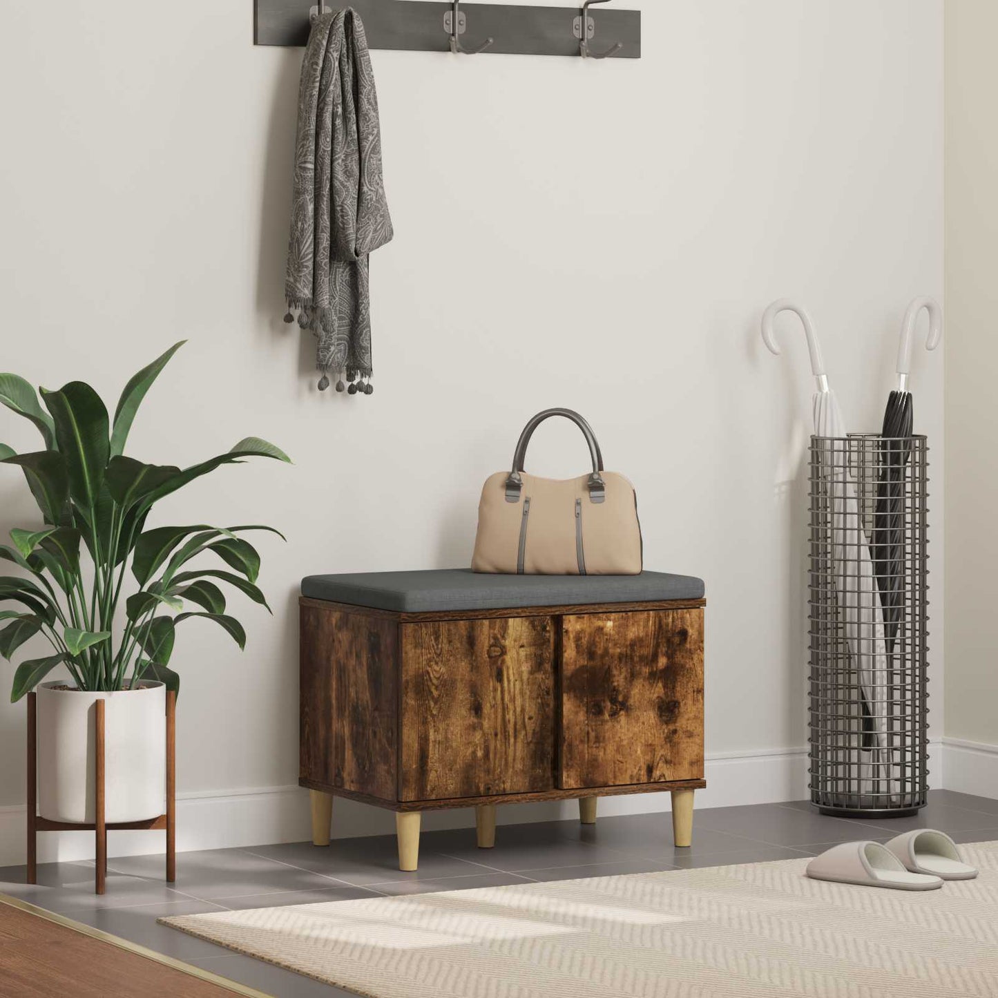 Halbank met kussen met opslag Gerookte Eik 60 x 38 x 46 cm is nu te koop bij PeponiXL, paradijselijk wonen!