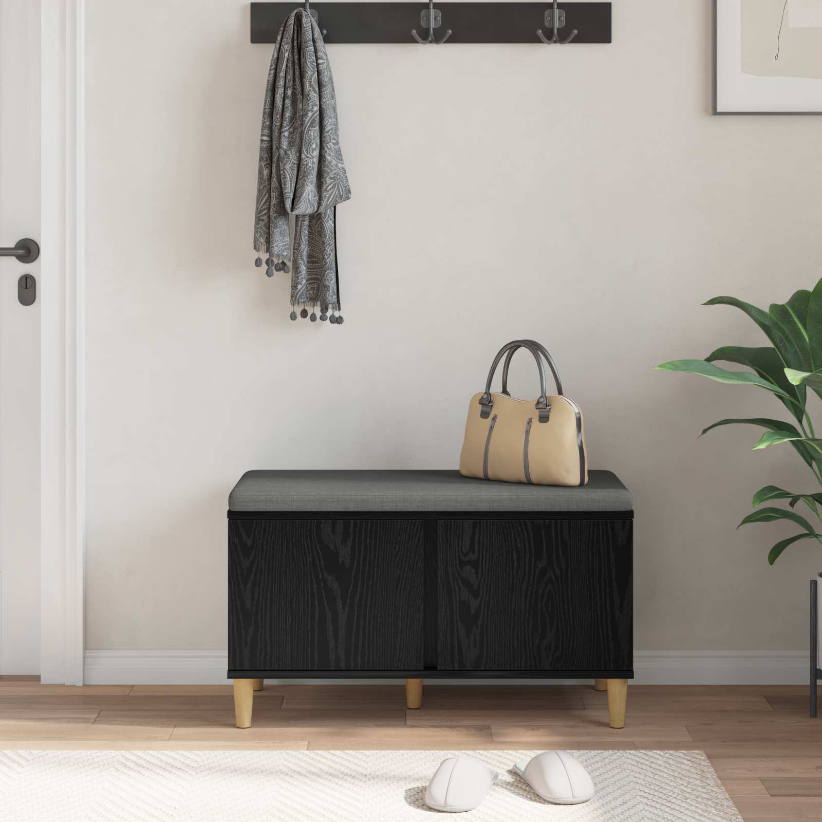 Halbank met kussen met opslag Zwarte Eik 80 x 38 x 46 cm is nu te koop bij PeponiXL, paradijselijk wonen!