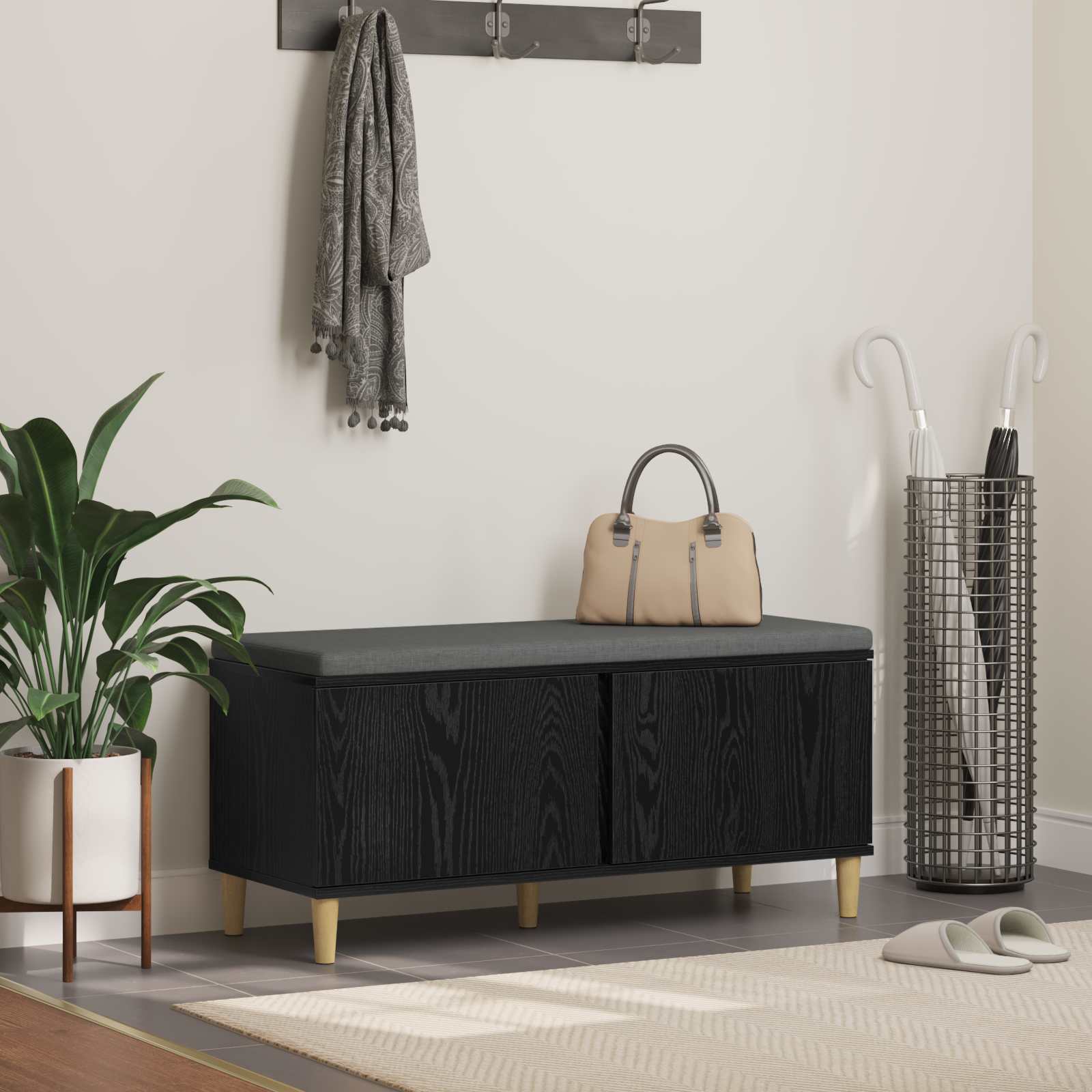 Halbank met kussen met opslag Zwarte Eik 100 x 38 x 46 cm is nu te koop bij PeponiXL, paradijselijk wonen!