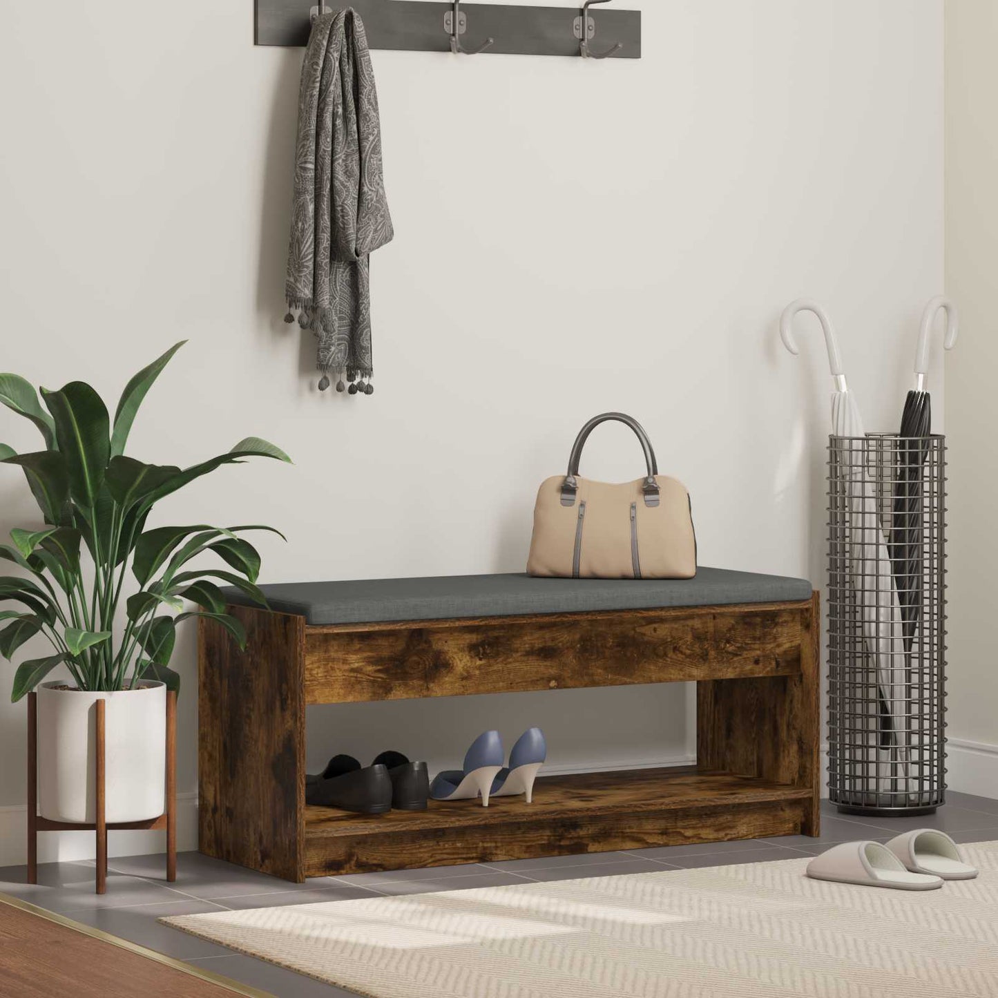 Halbank met kussen met plank Gerookte Eik 103 x 38 x 45 cm is nu te koop bij PeponiXL, paradijselijk wonen!