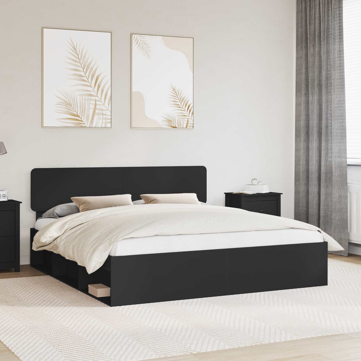 Bedframe met hoofdeinde Zwart 200 x 200 cm Massief grenenhout is nu te koop bij PeponiXL, paradijselijk wonen!