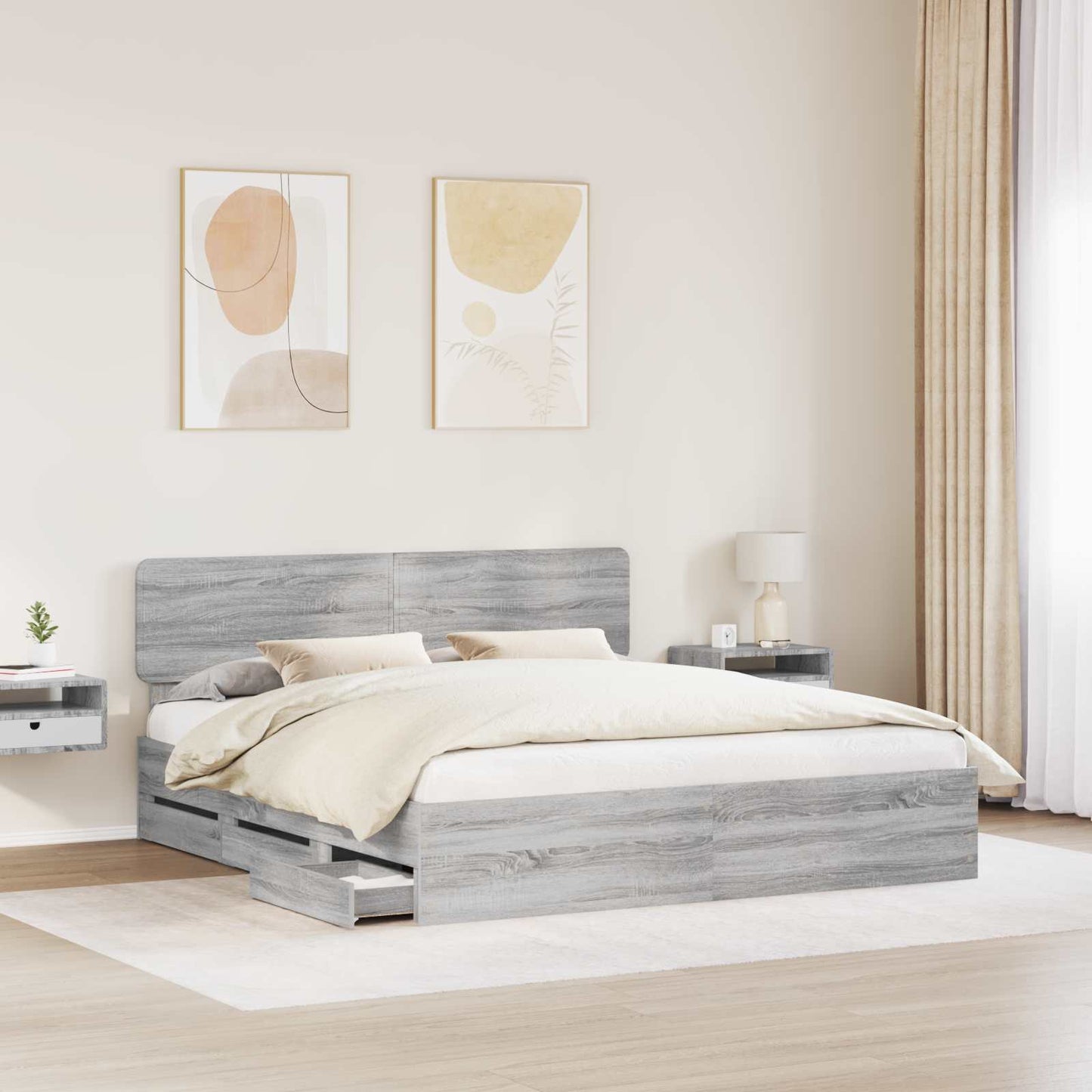 Bedframe met lade Grijze Sonoma 200 x 200 cm Geconstrueerd hout is nu te koop bij PeponiXL, paradijselijk wonen!